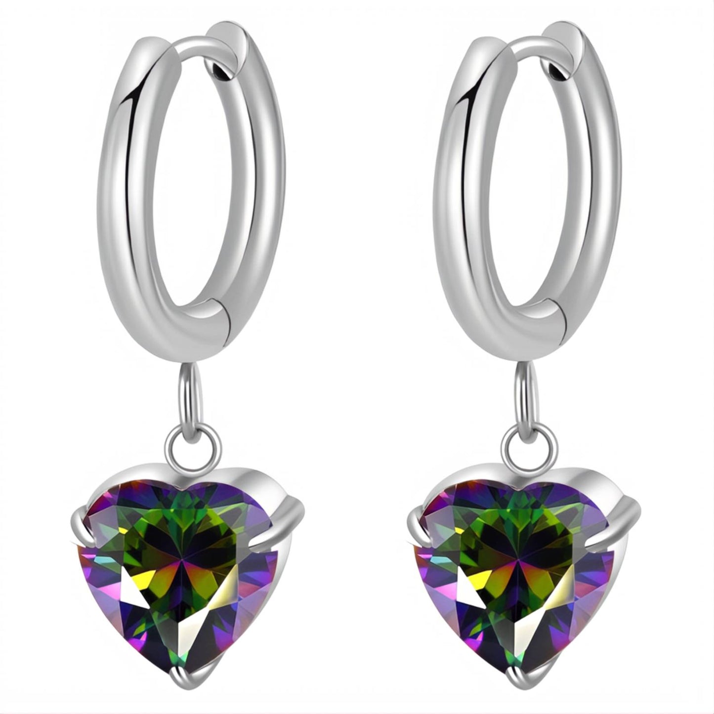 Silver huggie earrings with rainbow aurora heart crystal drop by Rayka & Co.