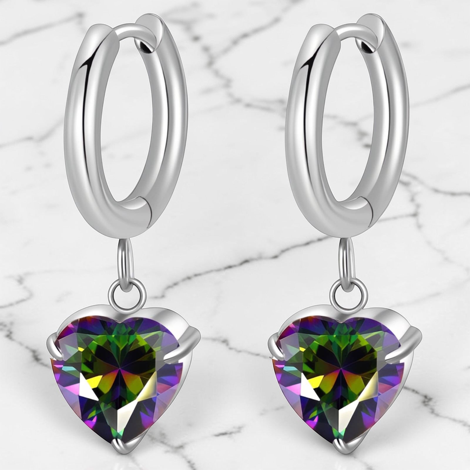 Silver huggie earrings with rainbow aurora heart crystal drop by Rayka & Co.
