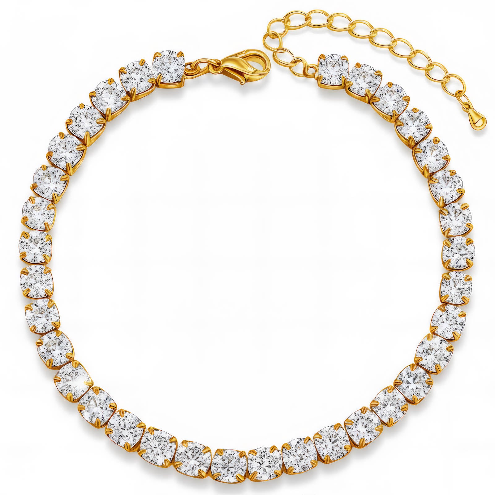 Gold tennis bracelet with a full row of clear cubic zirconia stones and a lobster clasp closure.