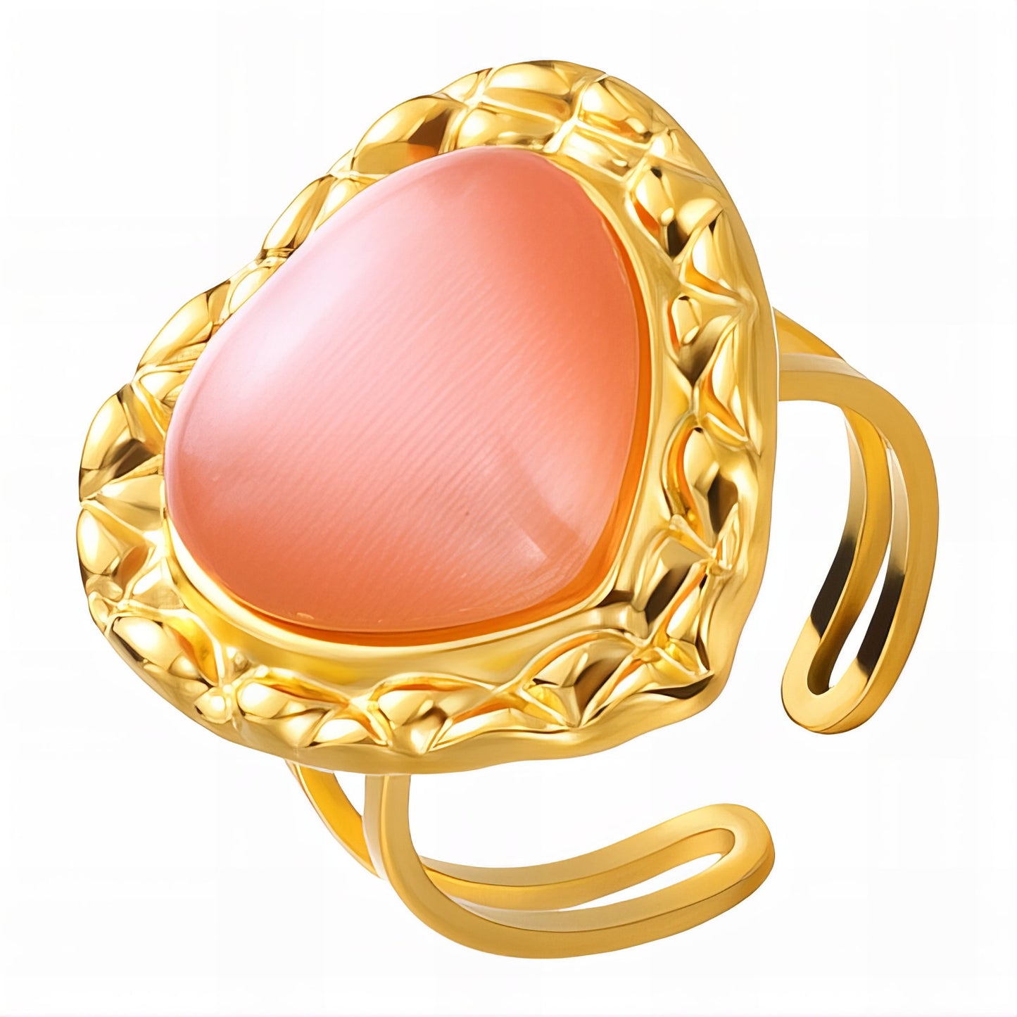 Gold open band ring with blush pink heart-shaped stone in textured setting
