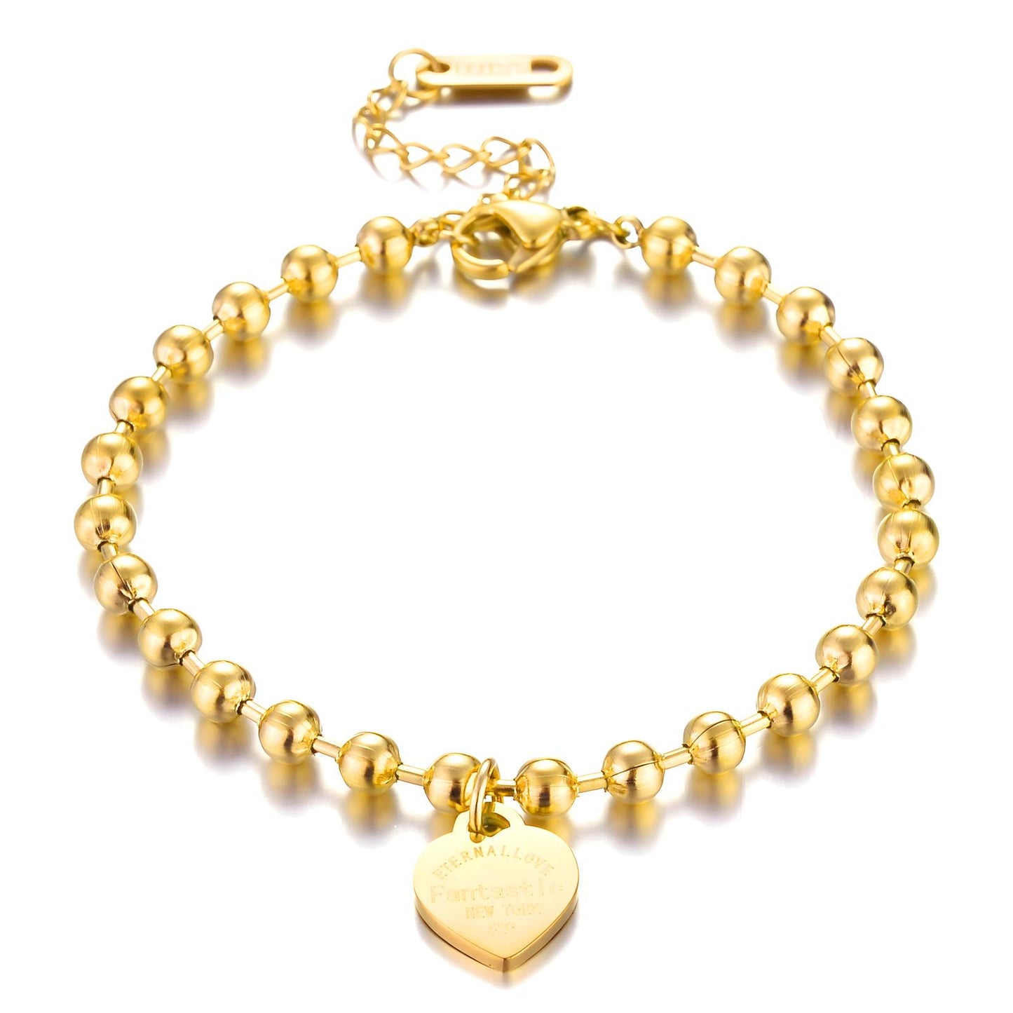 Gold beaded bracelet with a polished heart charm and adjustable clasp.