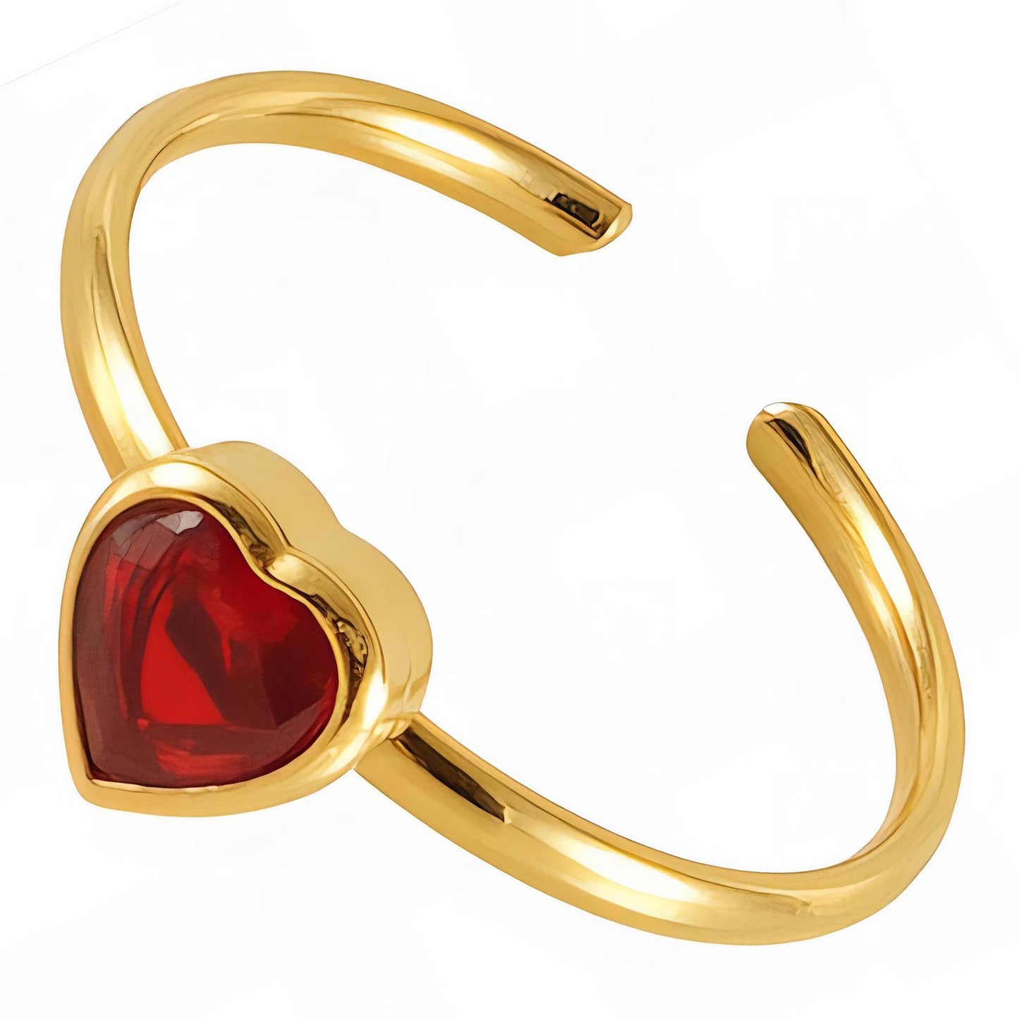 Gold open band ring featuring a deep red heart-shaped stone centerpiece