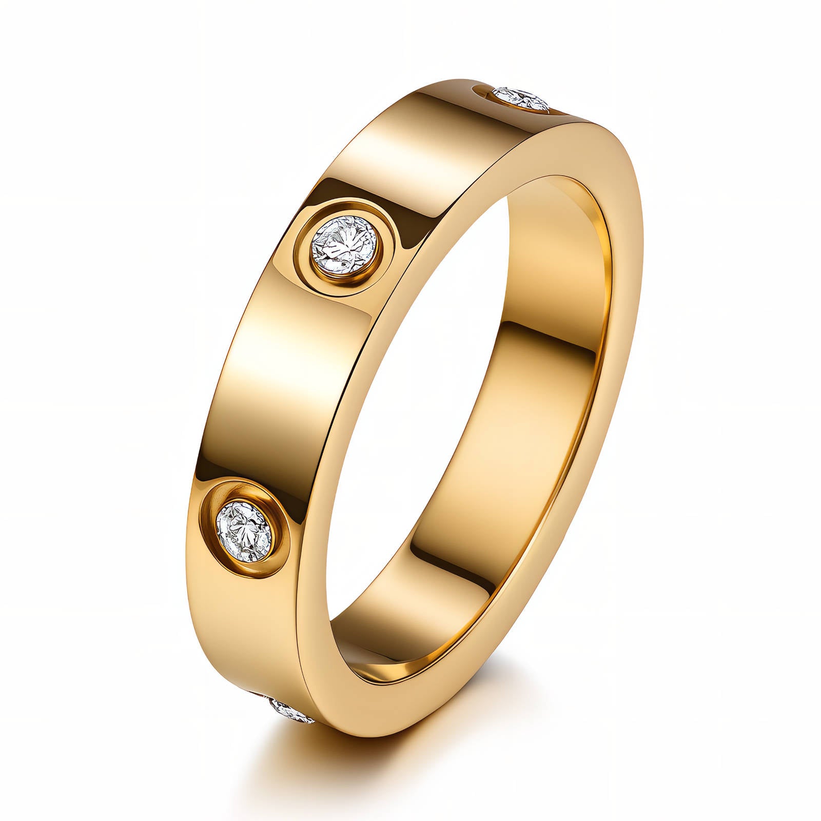 Gold band ring with bezel-set clear crystal accents and a polished finish