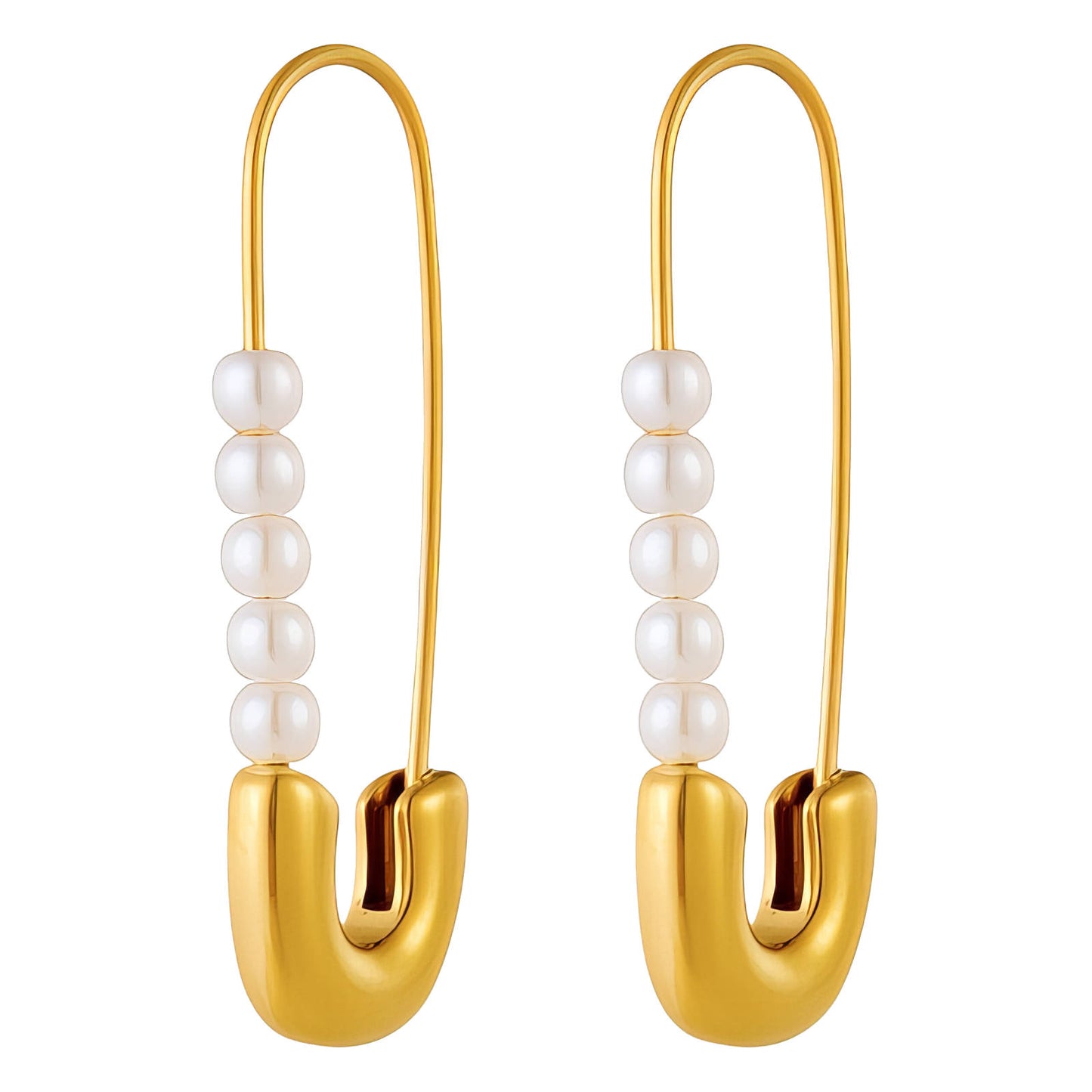 Gold-toned pearl drop earrings with an elongated curved design and French hook closure.