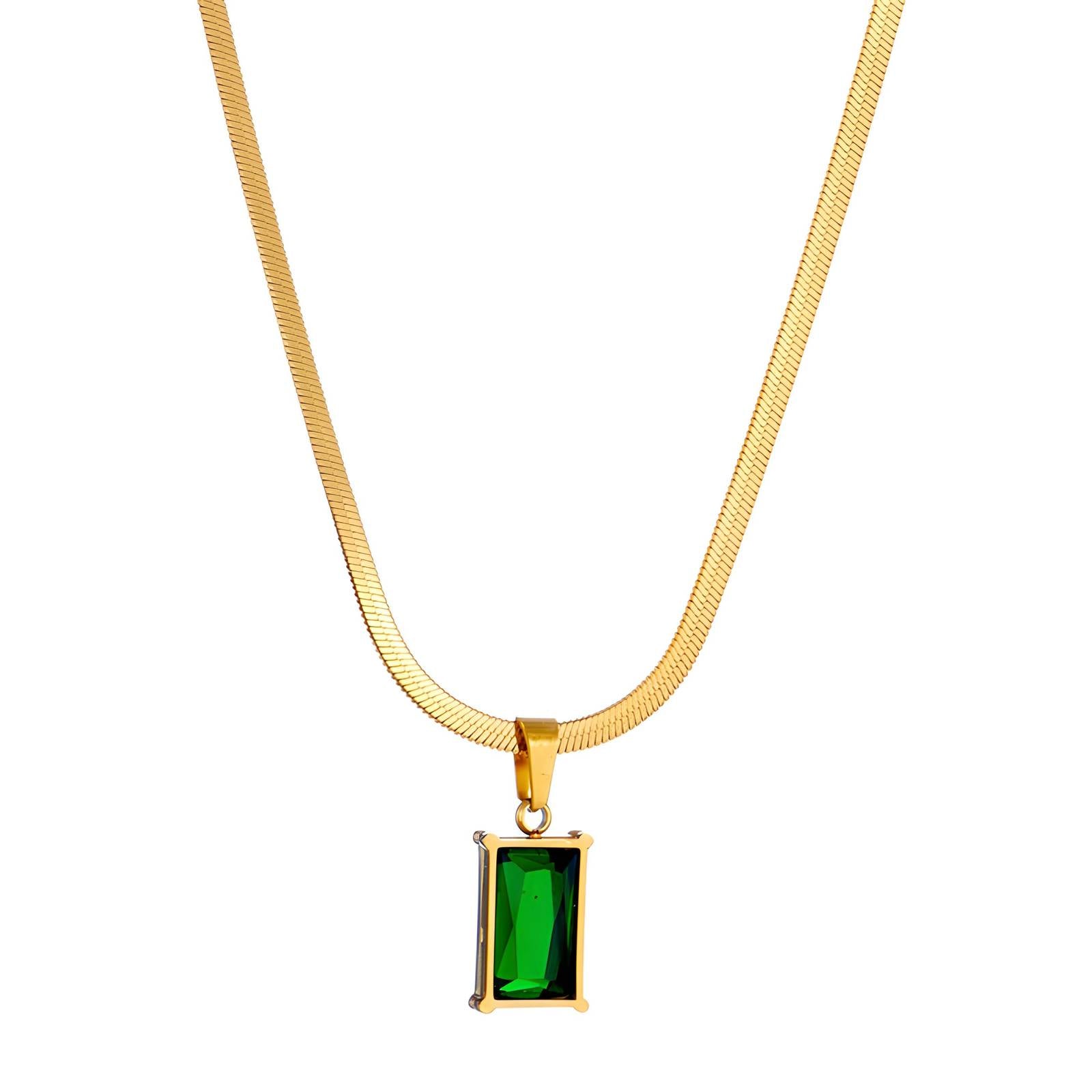 Emerald Prism Necklace with gold chain and rectangular emerald green stone pendant