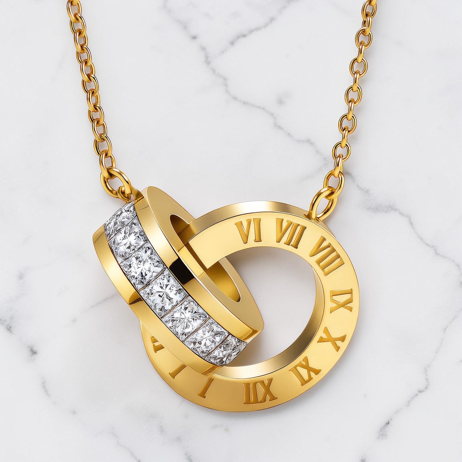 Gold interlocking double-ring necklace with Roman numerals and crystal accents