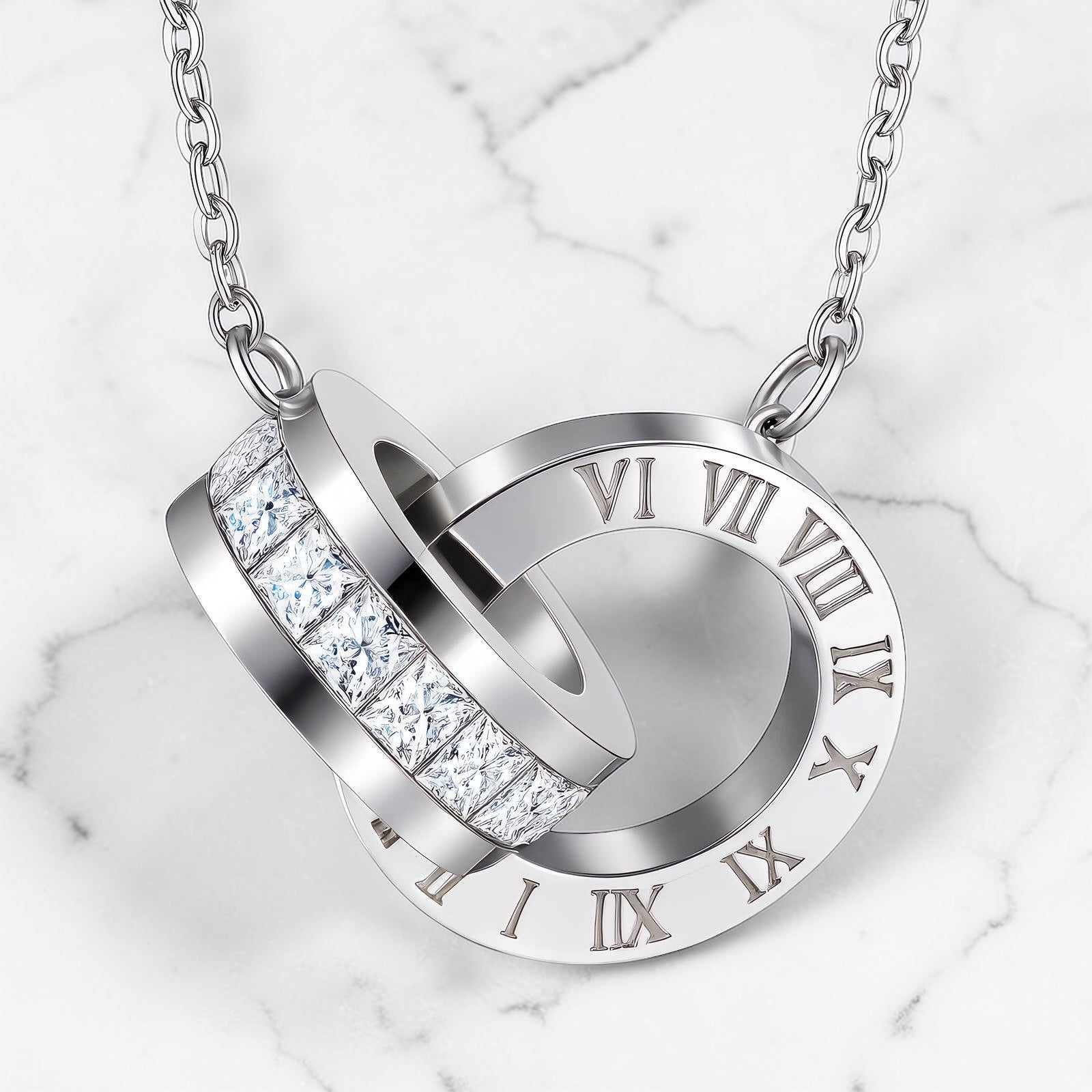 Silver stainless steel necklace with interlocking circular pendants and crystal accents engraved with Roman numerals