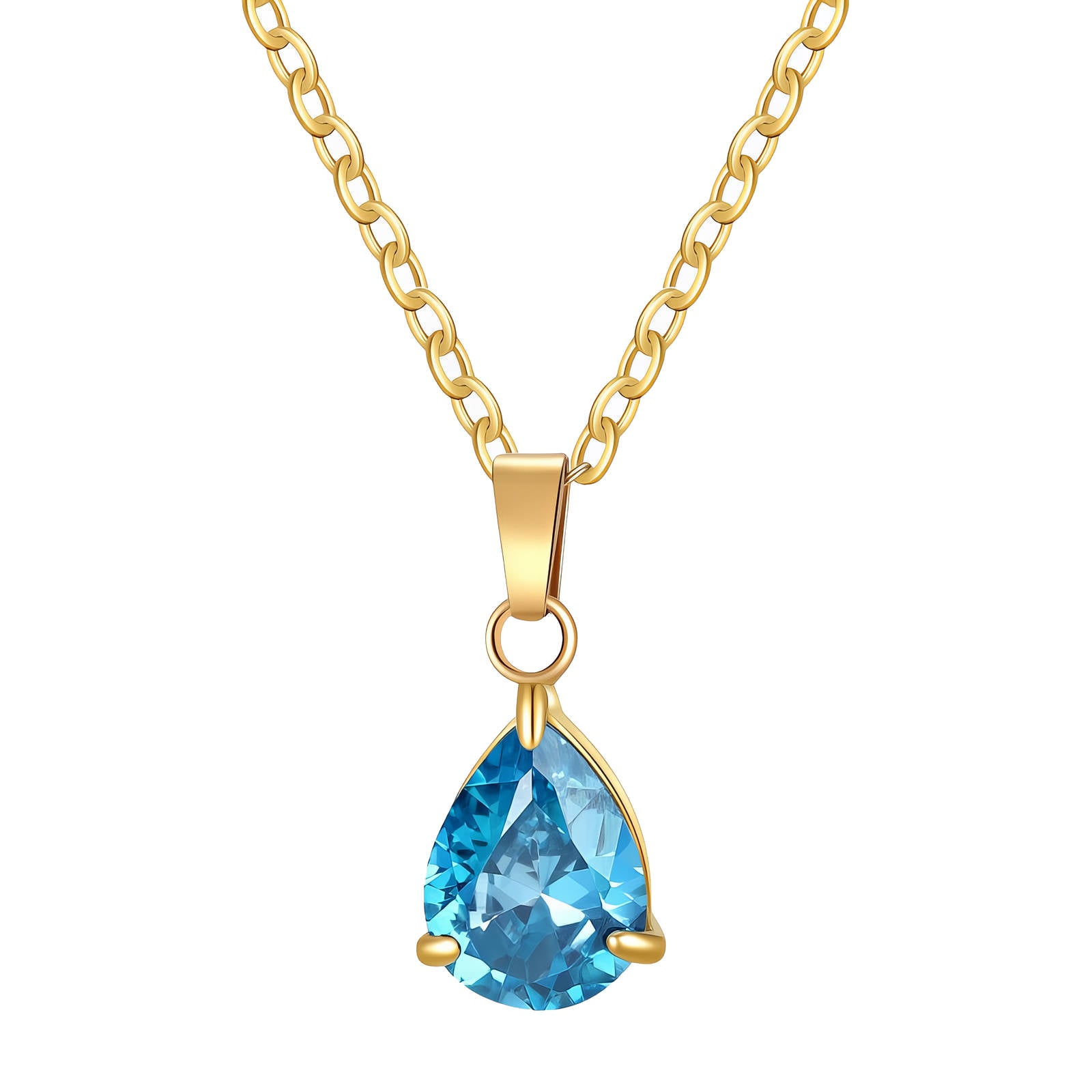Gold-toned necklace with a pear-shaped blue cubic zirconia pendant on a fine chain.