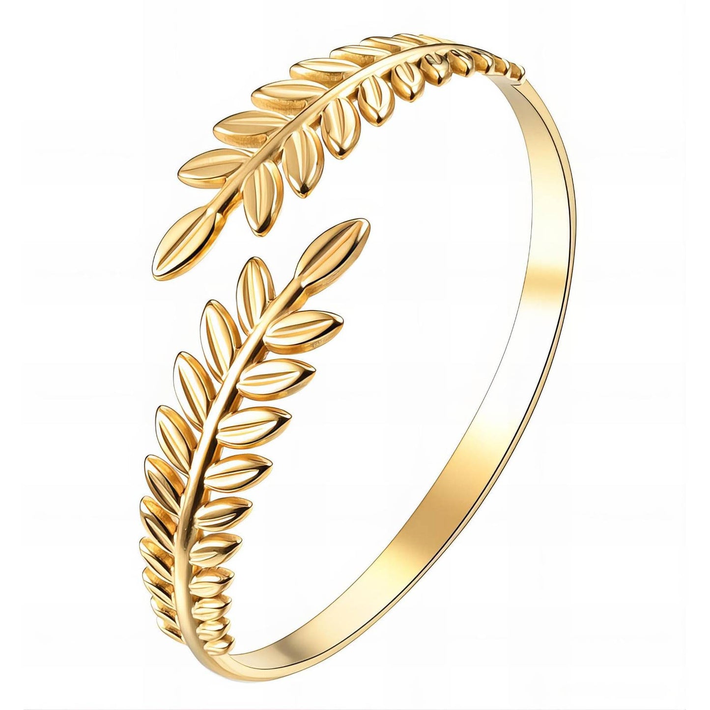Gold laurel leaf cuff bracelet with an open adjustable design