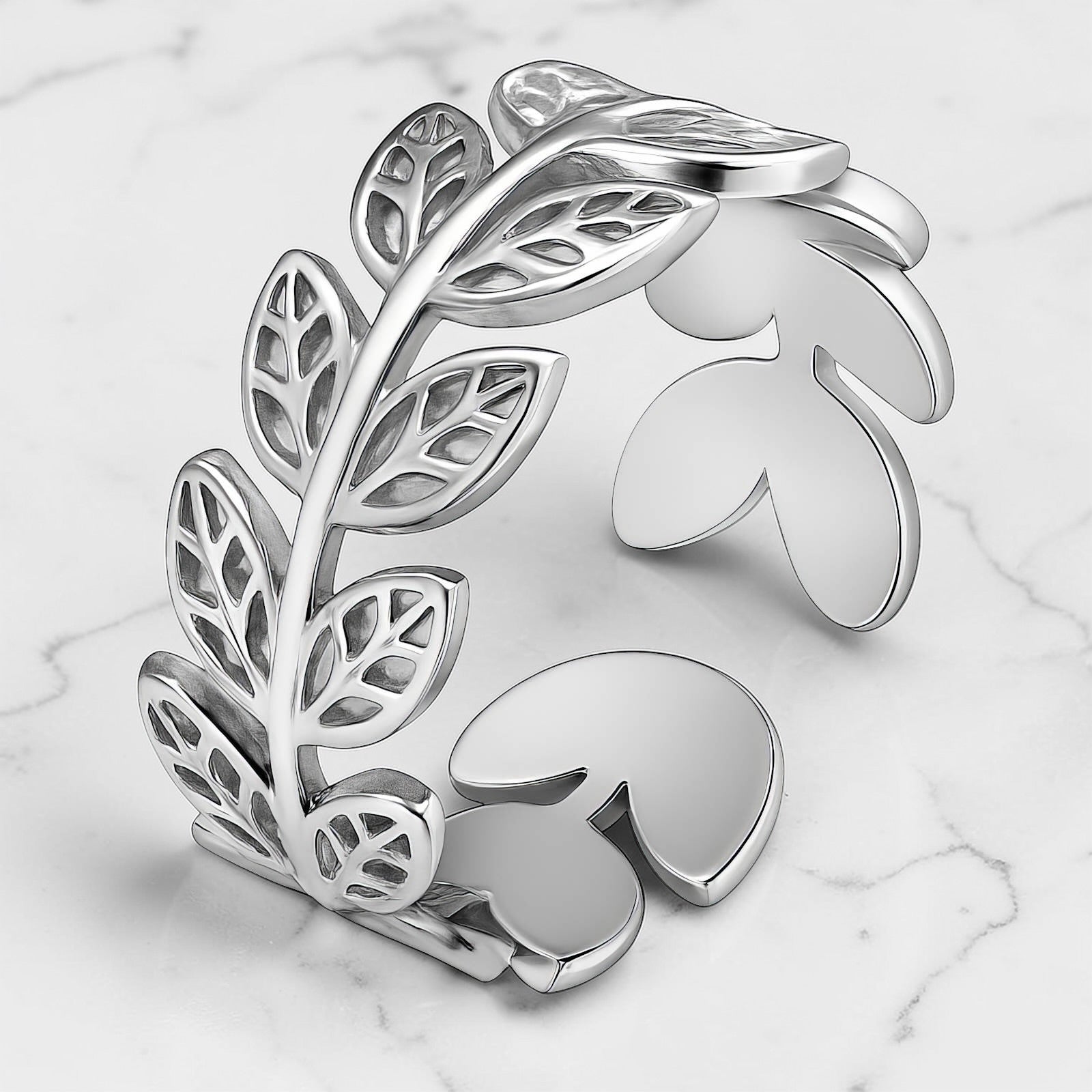 Silver laurel leaf open ring with polished finish and sculpted detailing