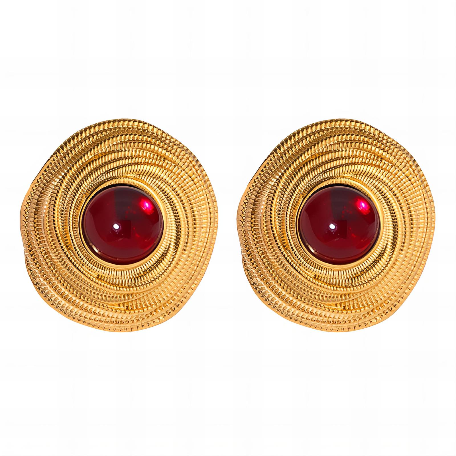 Gold textured earrings with deep red centre stone in a circular statement design
