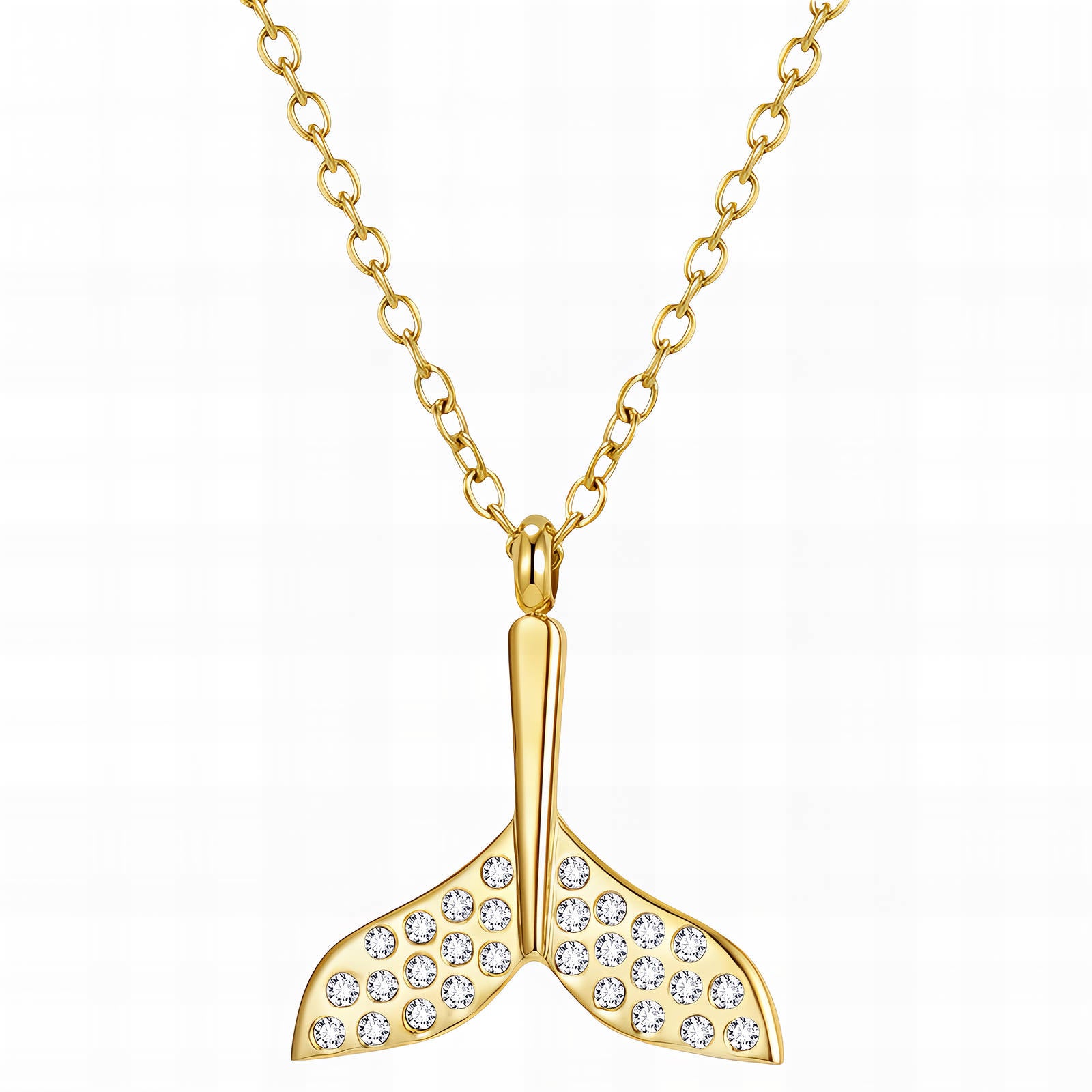 Gold Lorelai necklace with cubic zirconia mermaid tail pendant on a fine chain