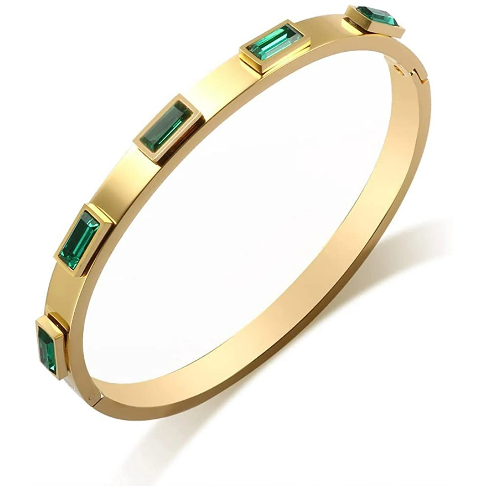 Gold bangle bracelet with emerald green rectangular stones by Rayka & Co.