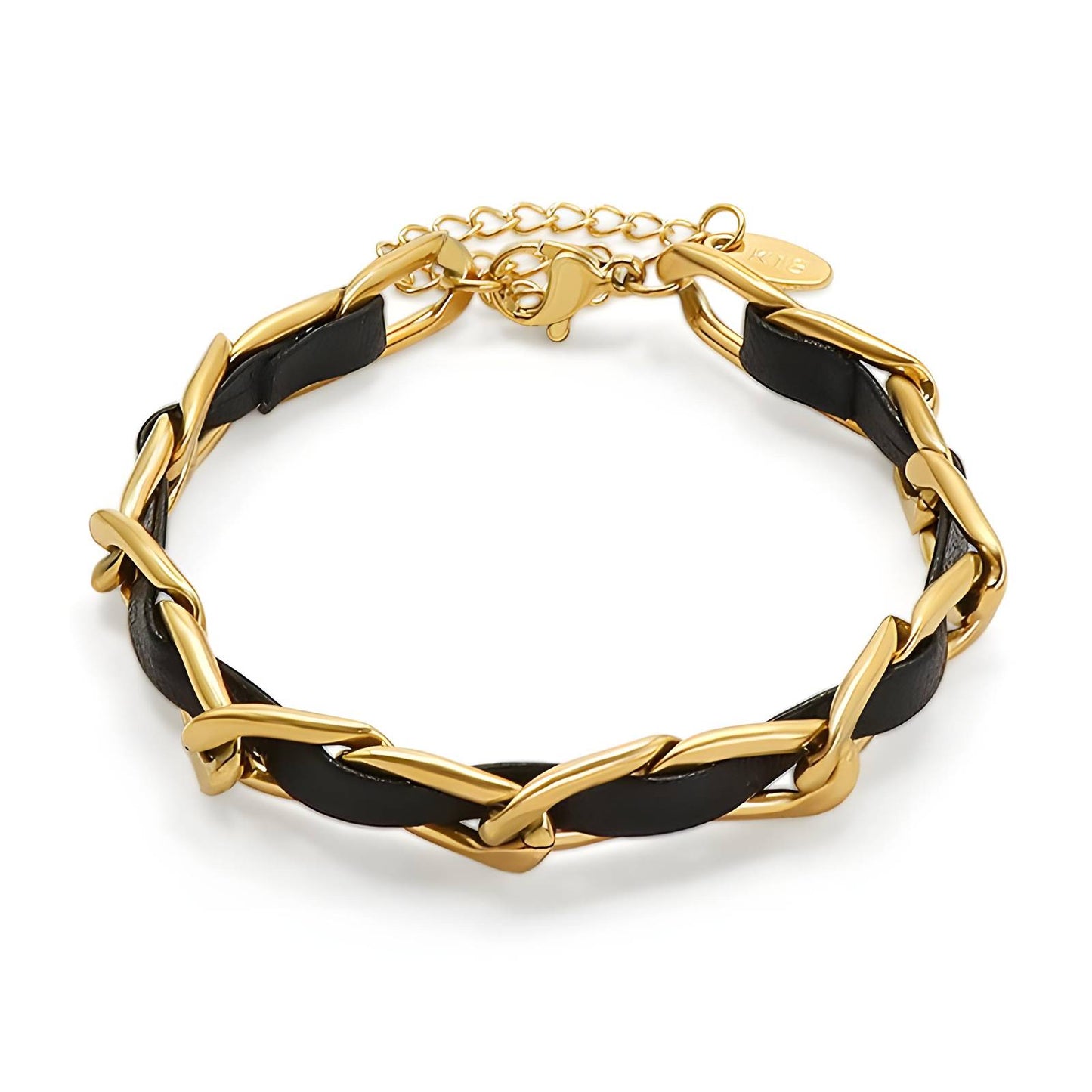 Gold-toned bracelet featuring interlinked chains with a black inlay and polished finish.