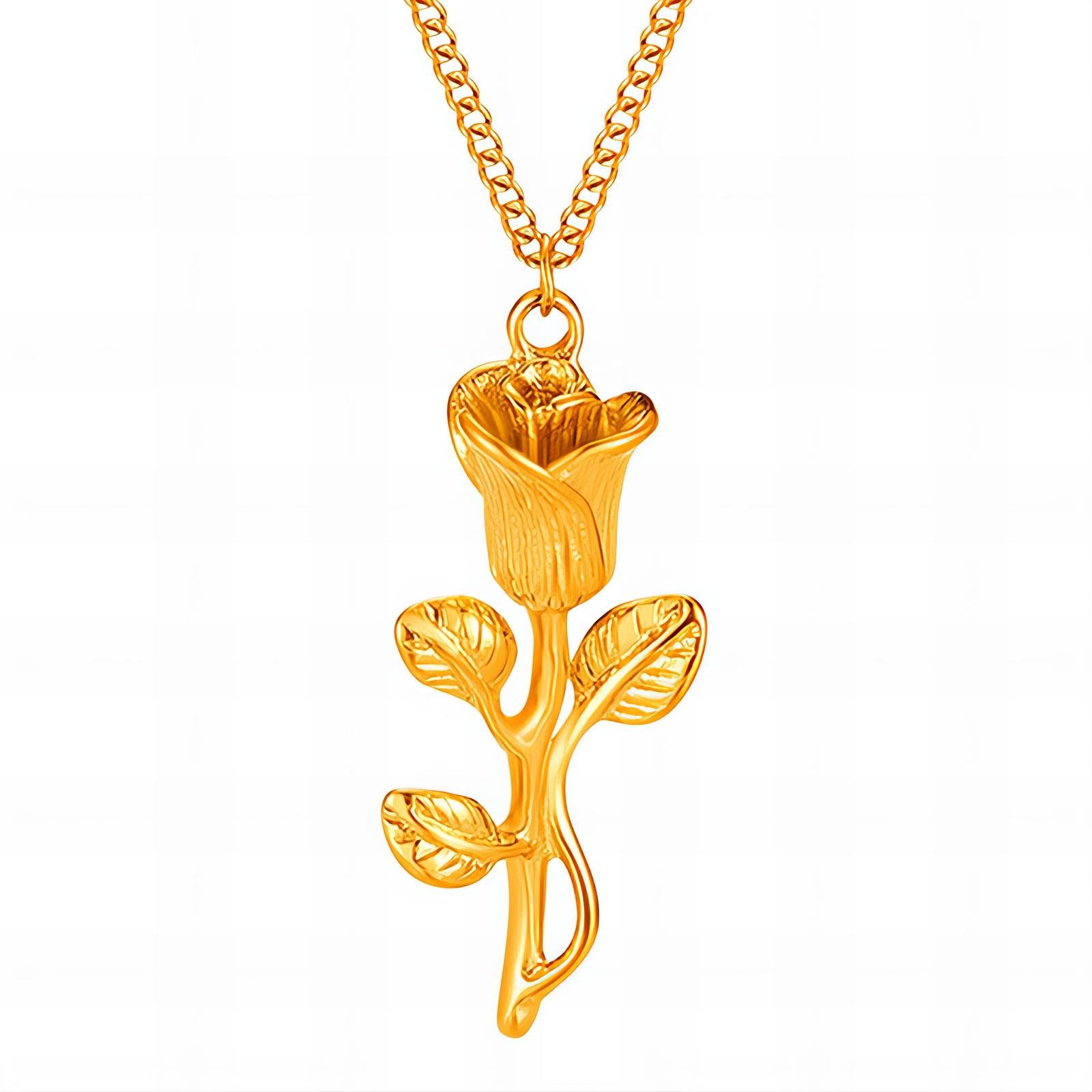 Gold rosebud pendant necklace with detailed floral design on a fine gold chain