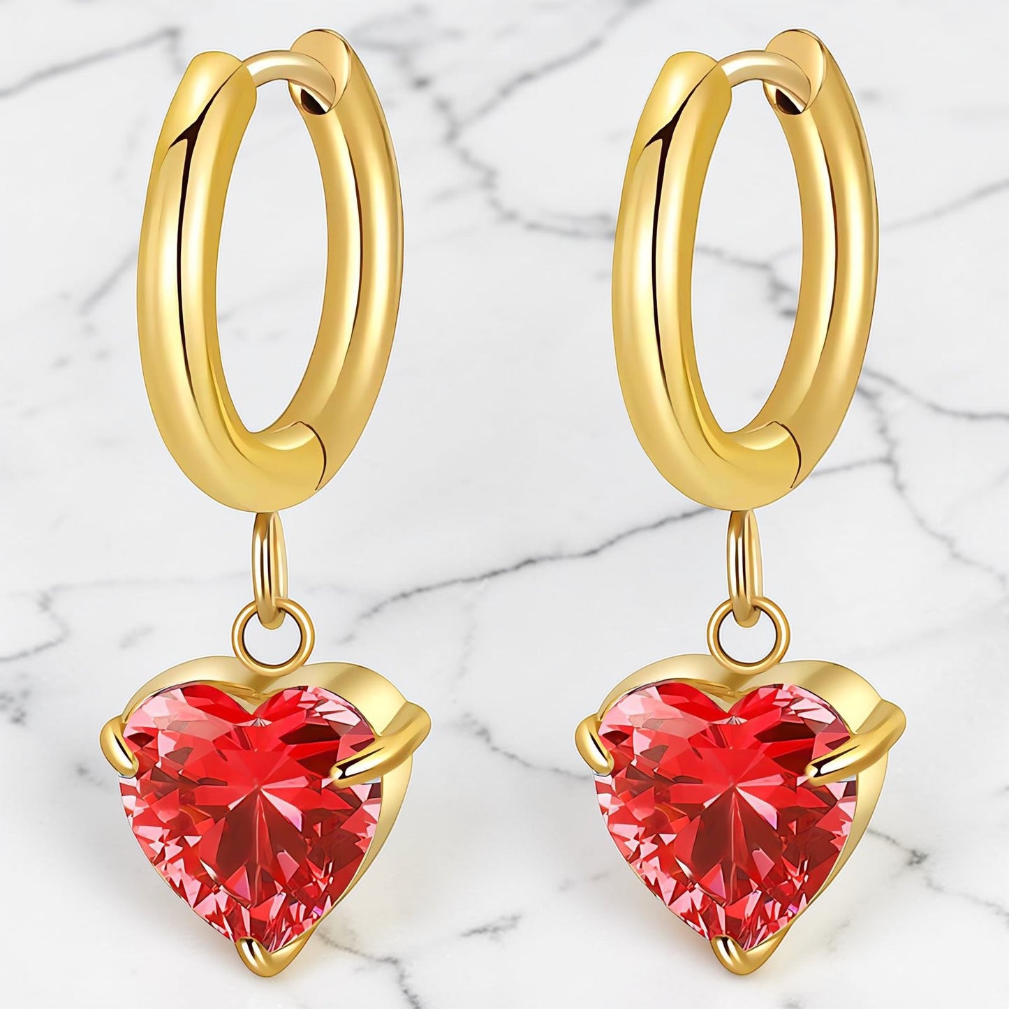 Gold huggie earrings with scarlet red heart crystal drop by Rayka & Co.