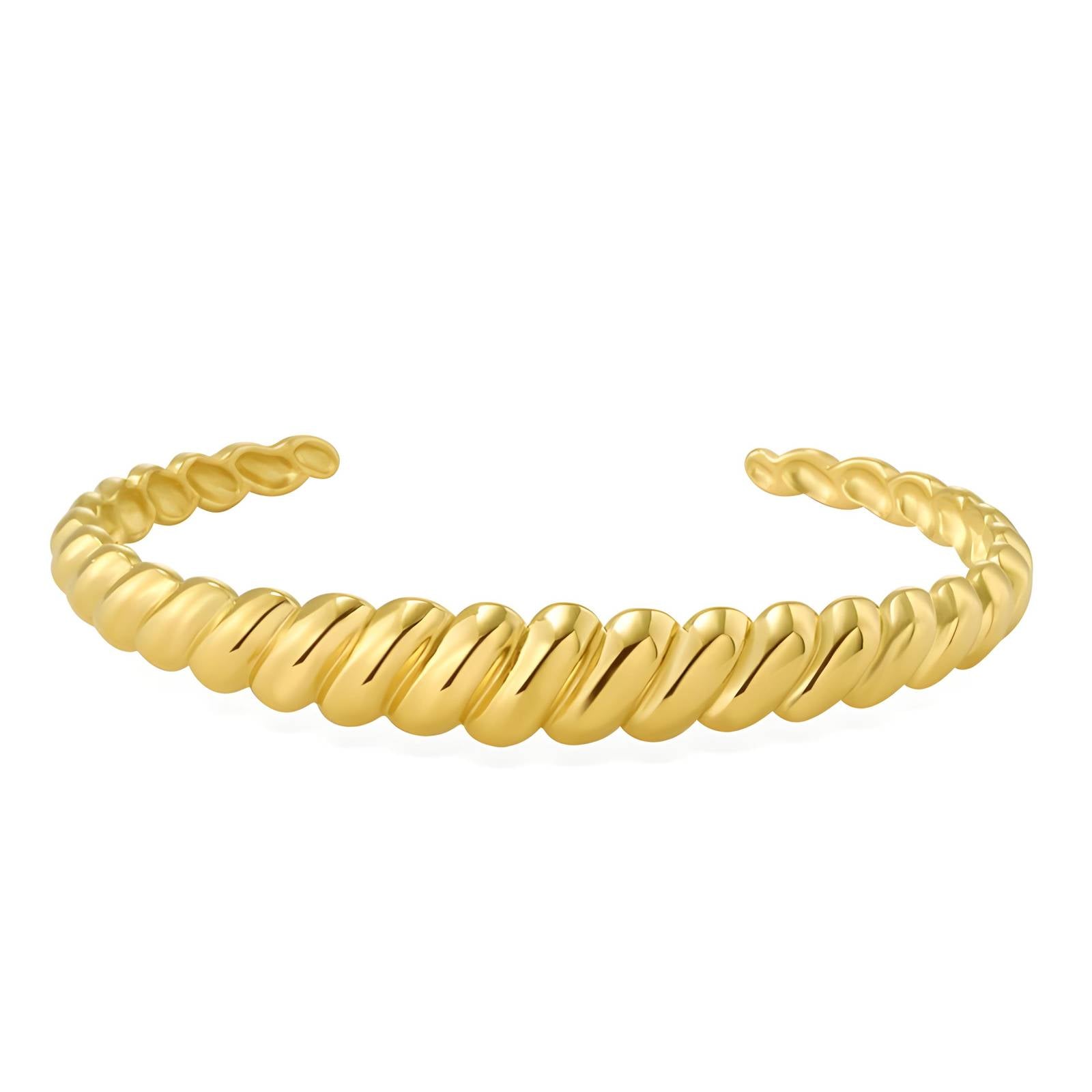 Gold twisted rope-style cuff bracelet with a polished open-ended design.