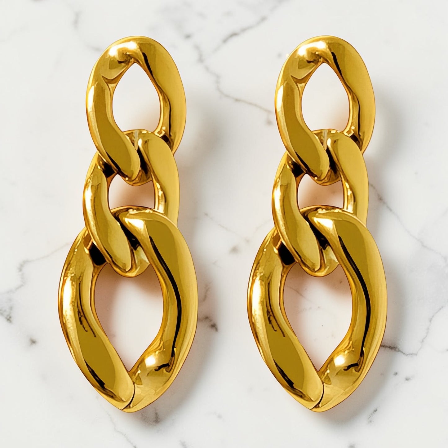 Gold chain link drop earrings with polished stainless steel finish β Vogue Link Drops