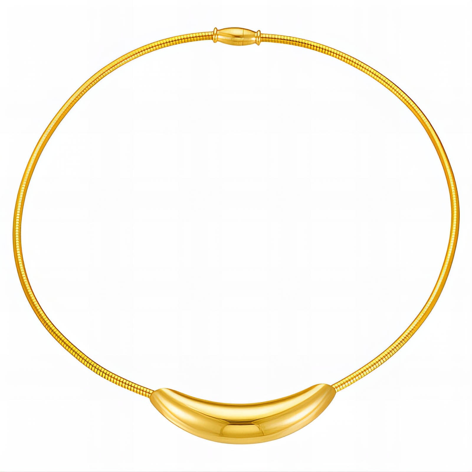 Gold-toned choker necklace with a smooth curved bar detail and magnetic closure resting along the neckline.