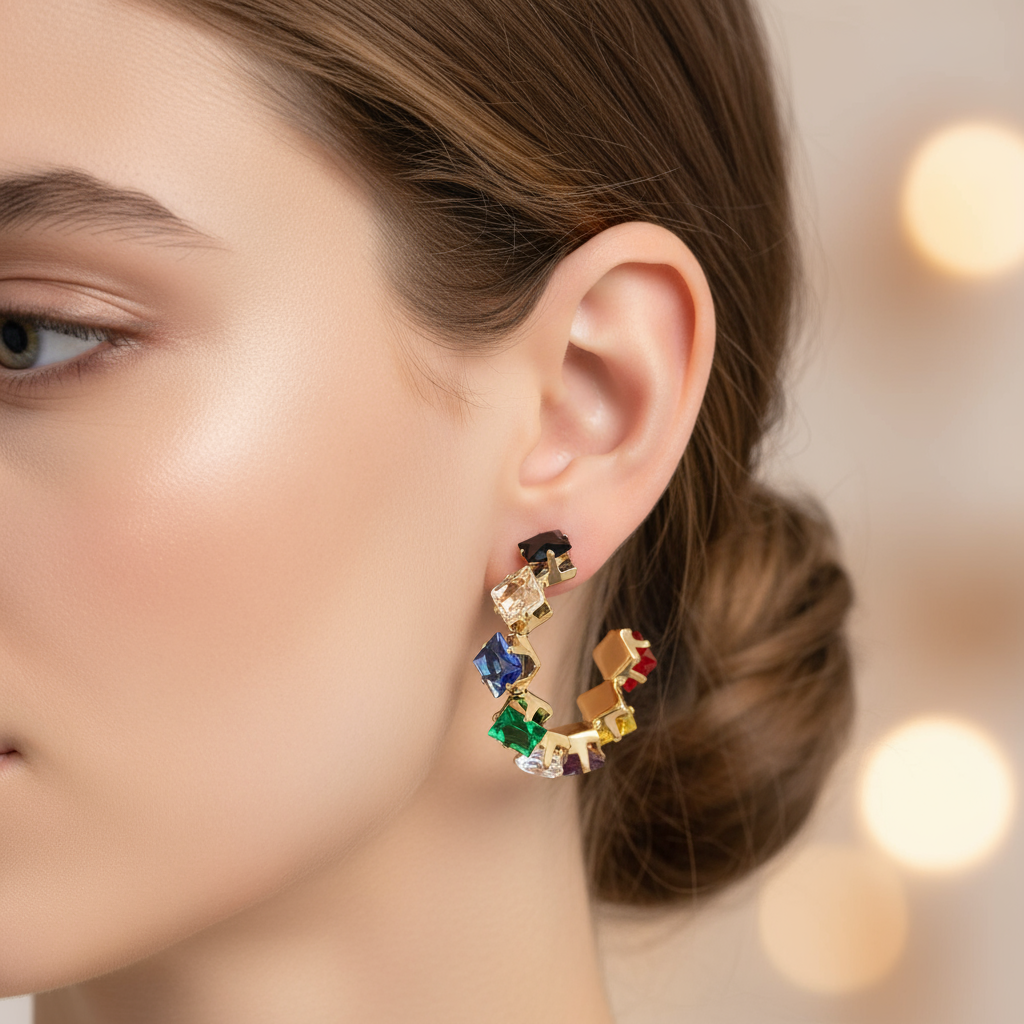 Rainbow Gemstone Hoop Earrings