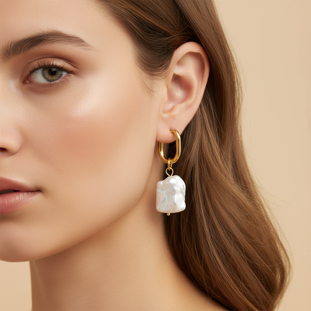 Gold Hoop Earrings with Baroque Pearl Drop