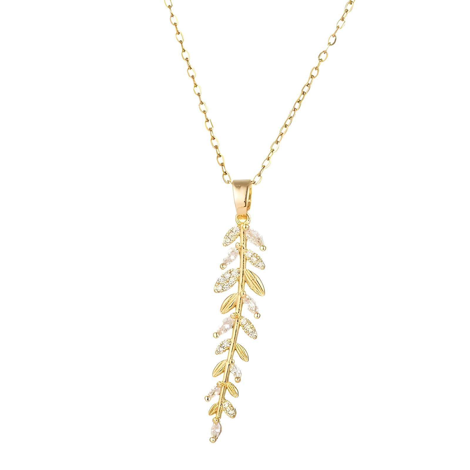 Gold Alina Leaf Necklace with vertical vine design and cubic zirconia accents