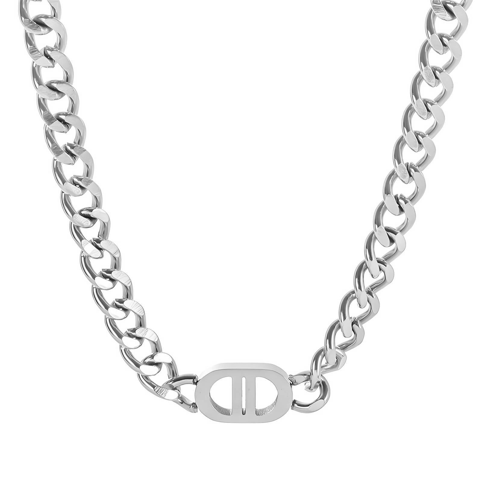 Silver stainless steel chain necklace with a bold link design and central clasp detail.
