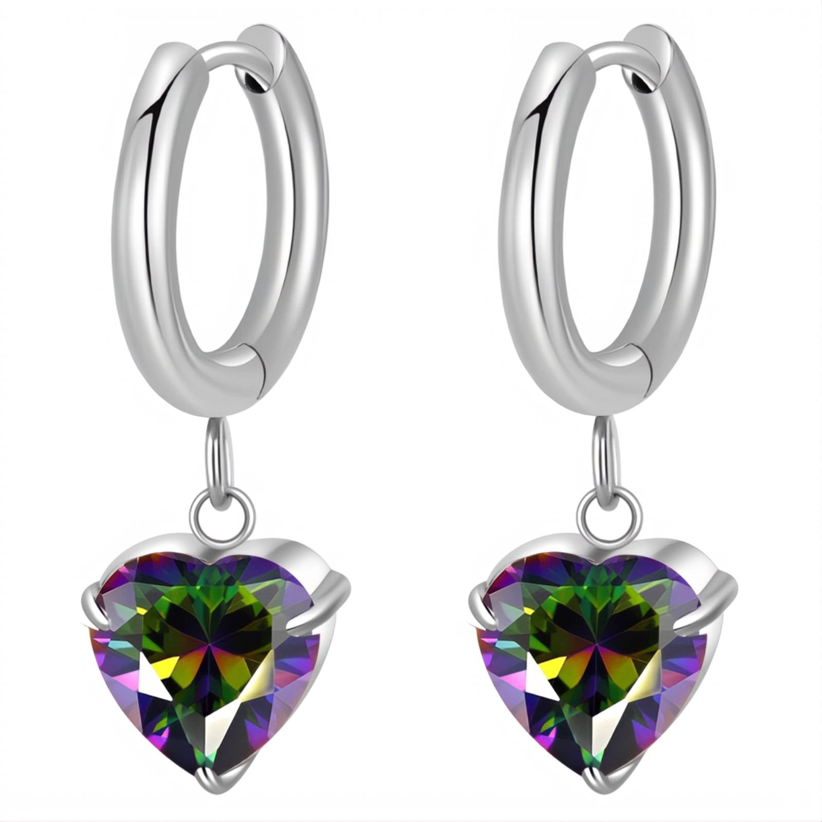 Silver huggie earrings with rainbow aurora heart crystal drop by Rayka & Co.