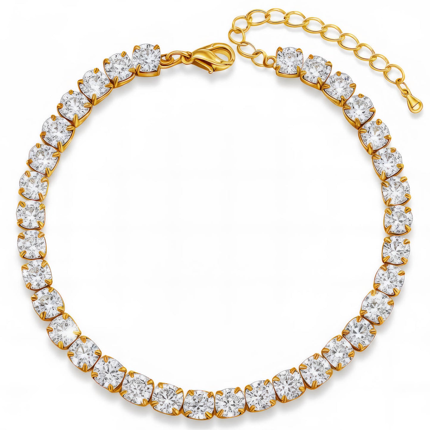 Gold tennis bracelet with a full row of clear cubic zirconia stones and a lobster clasp closure.
