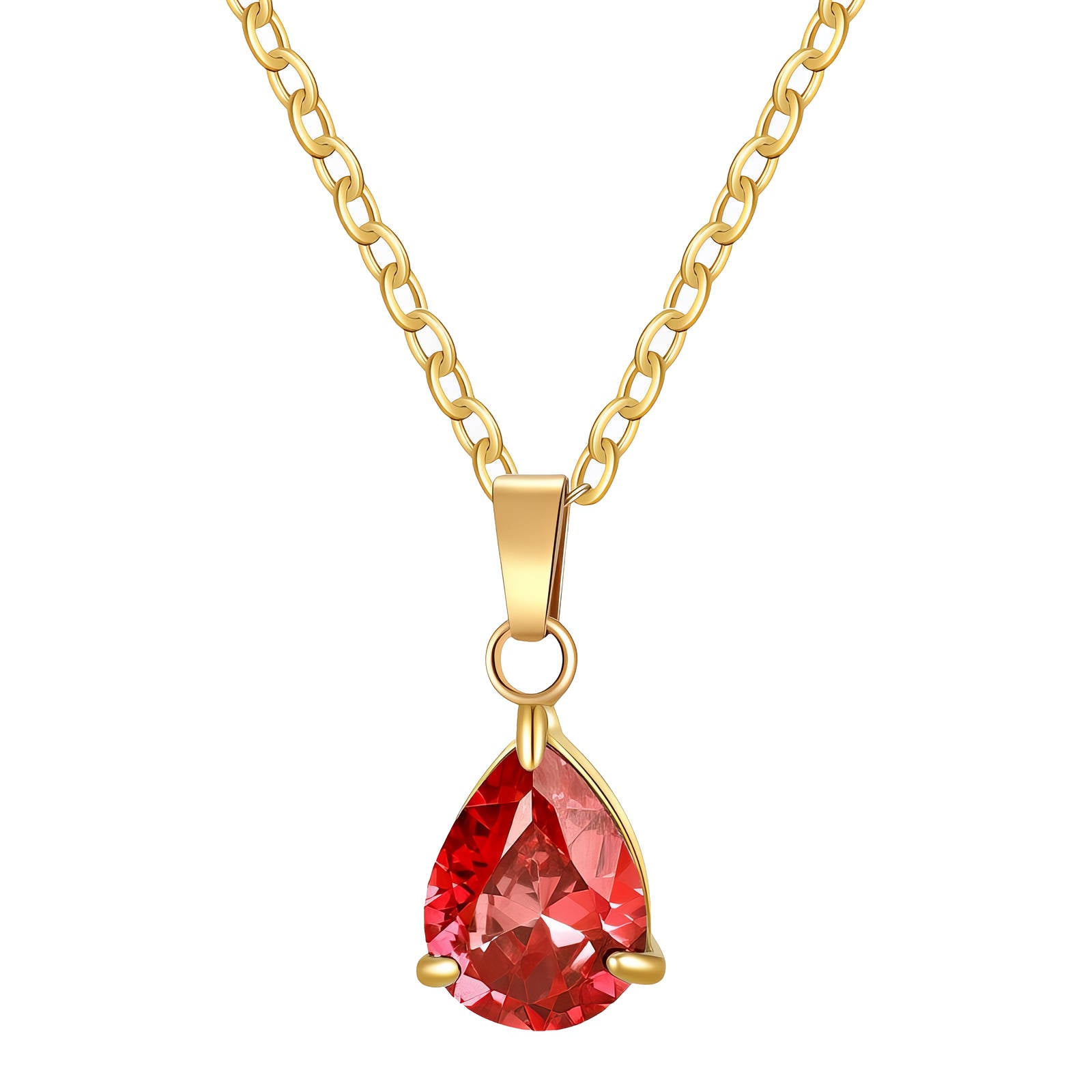 Gold necklace with a red teardrop crystal pendant on a fine chain