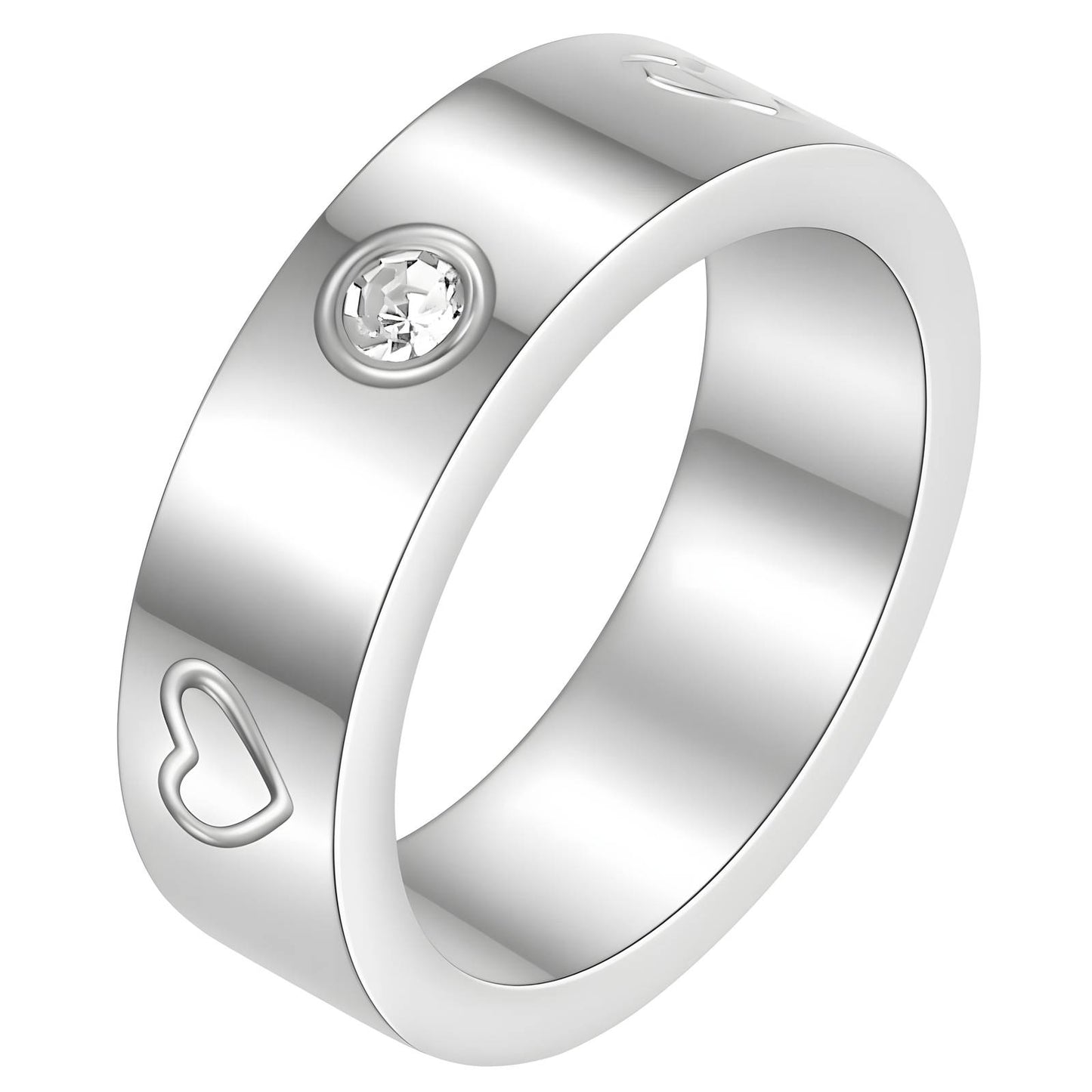 Silver-toned ring with a smooth band, heart motif, and a small bezel-set clear stone.