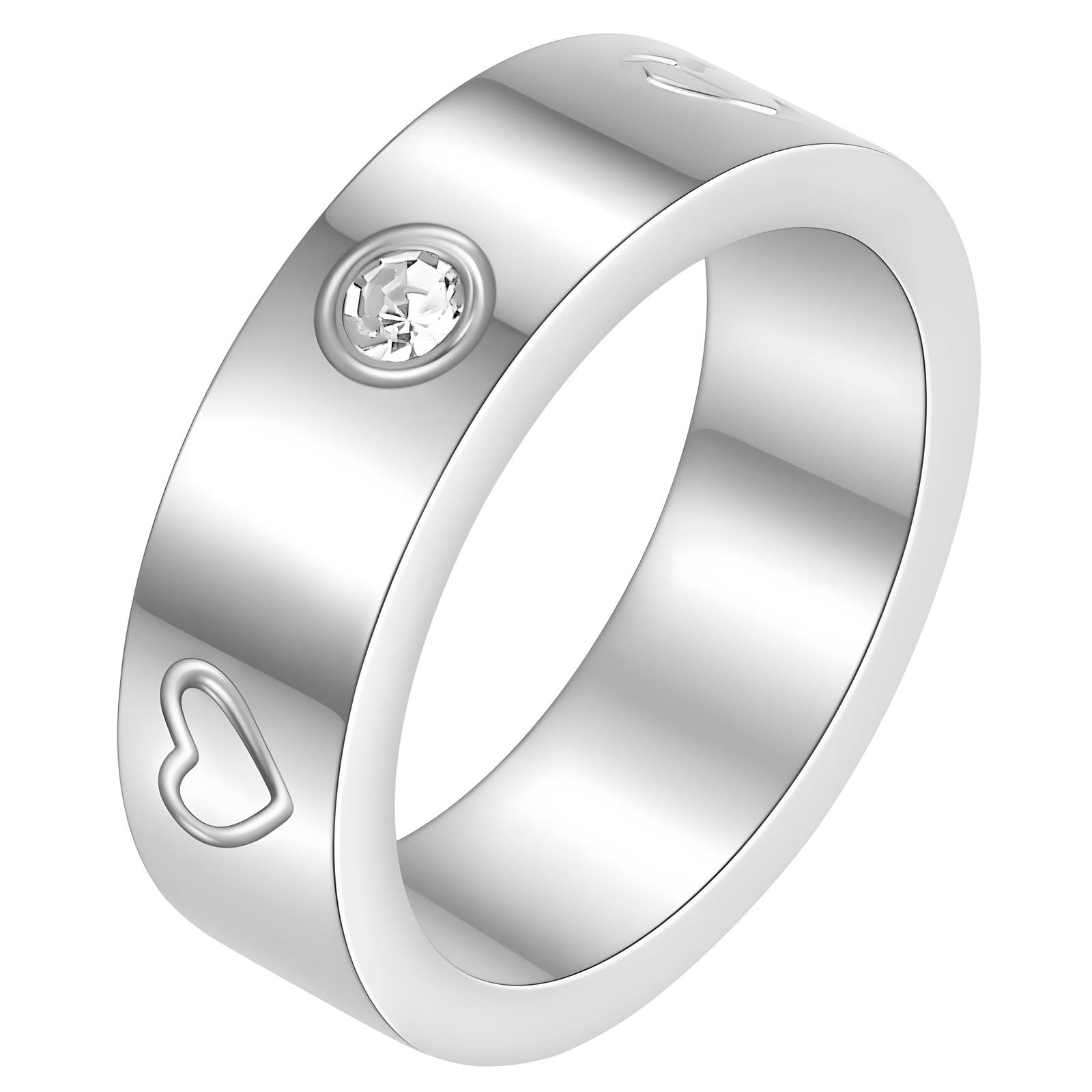 Silver-toned ring with a smooth band, heart motif, and a small bezel-set clear stone.