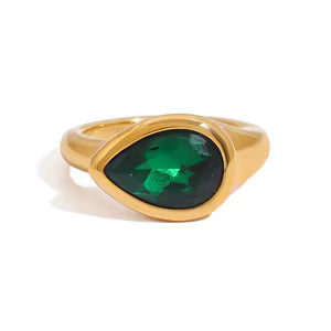 Emerald Mirage Ring with emerald green stone in gold finish, waterproof statement ring by Rayka & Co.