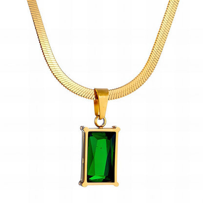Emerald Prism Necklace with gold chain and rectangular emerald green stone pendant