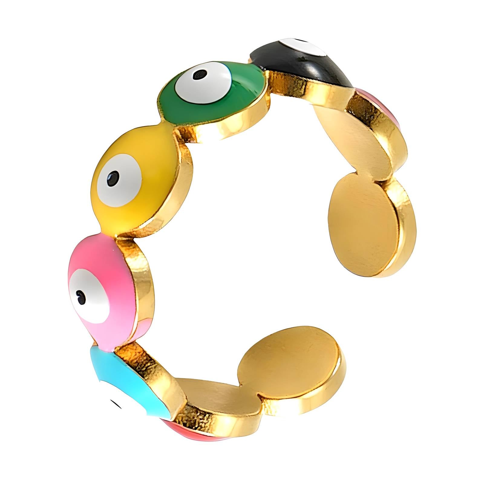 Gold-toned open ring with multi-colour enamel eye motifs and polished finish