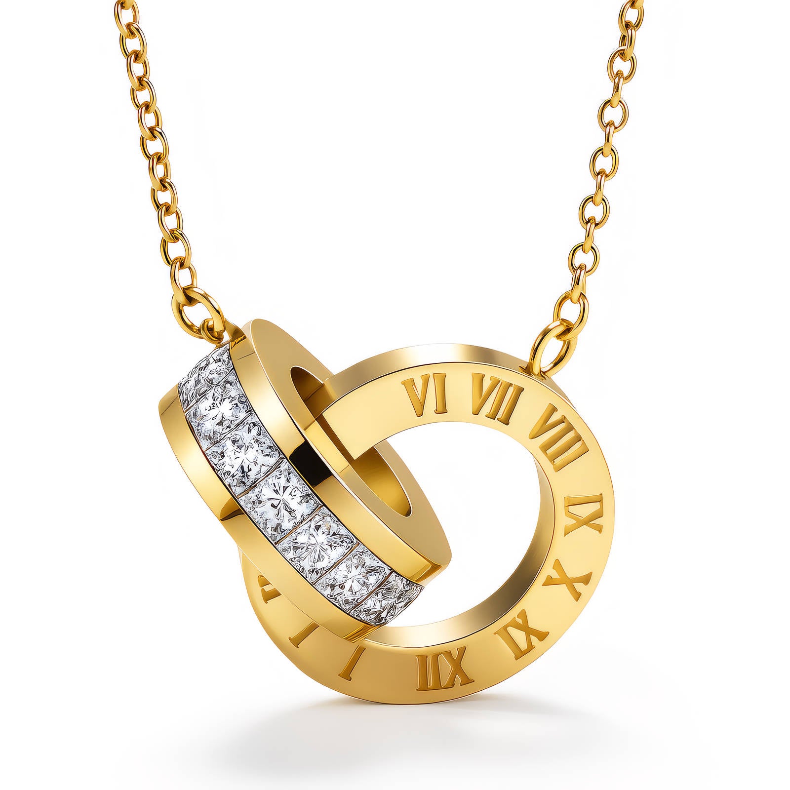 Gold interlocking double-ring necklace with Roman numerals and crystal accents