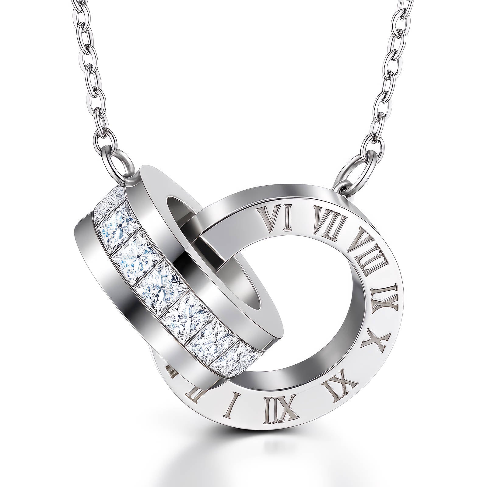 Silver stainless steel necklace with interlocking circular pendants and crystal accents engraved with Roman numerals