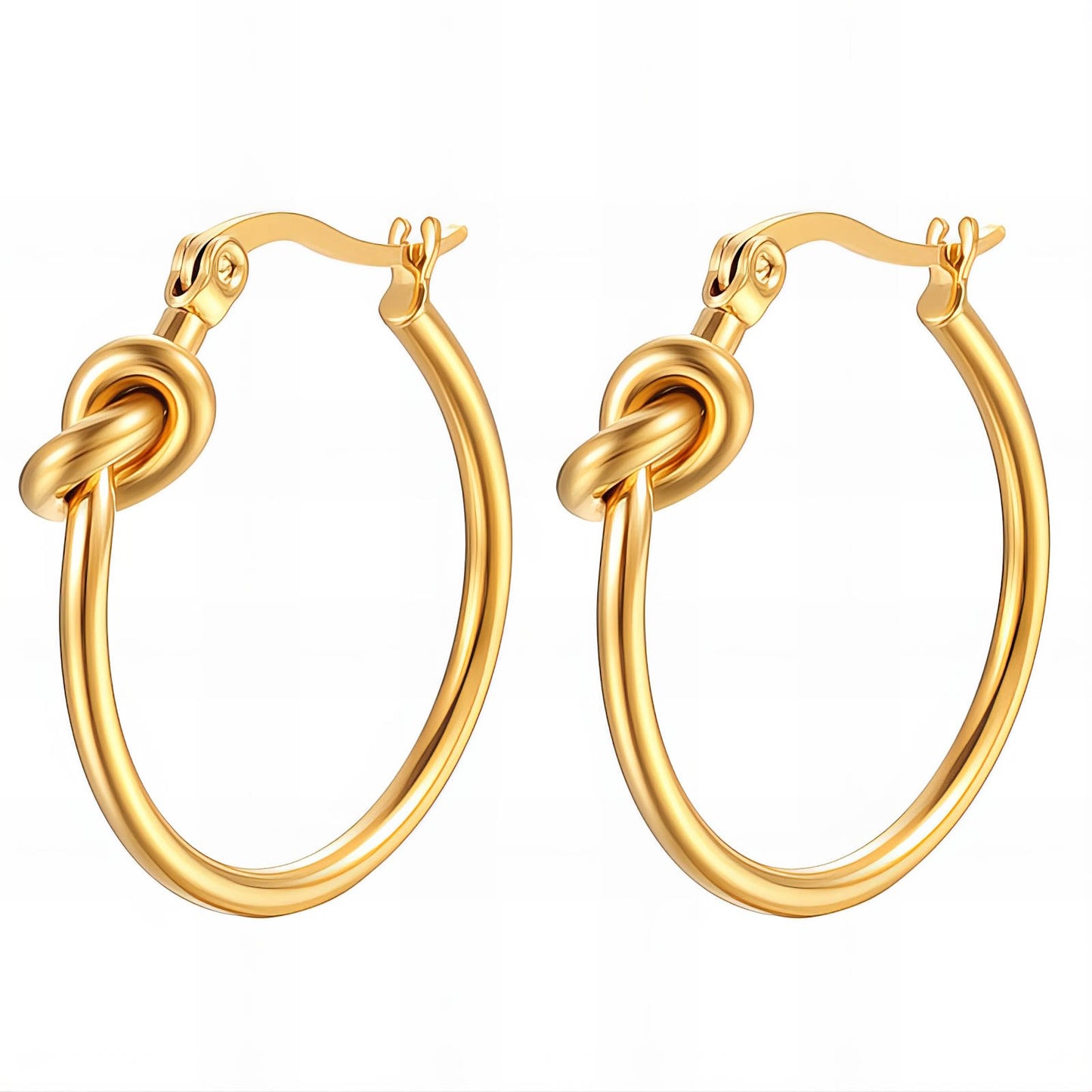 Gold hoop earrings featuring a polished infinity knot detail at the front.