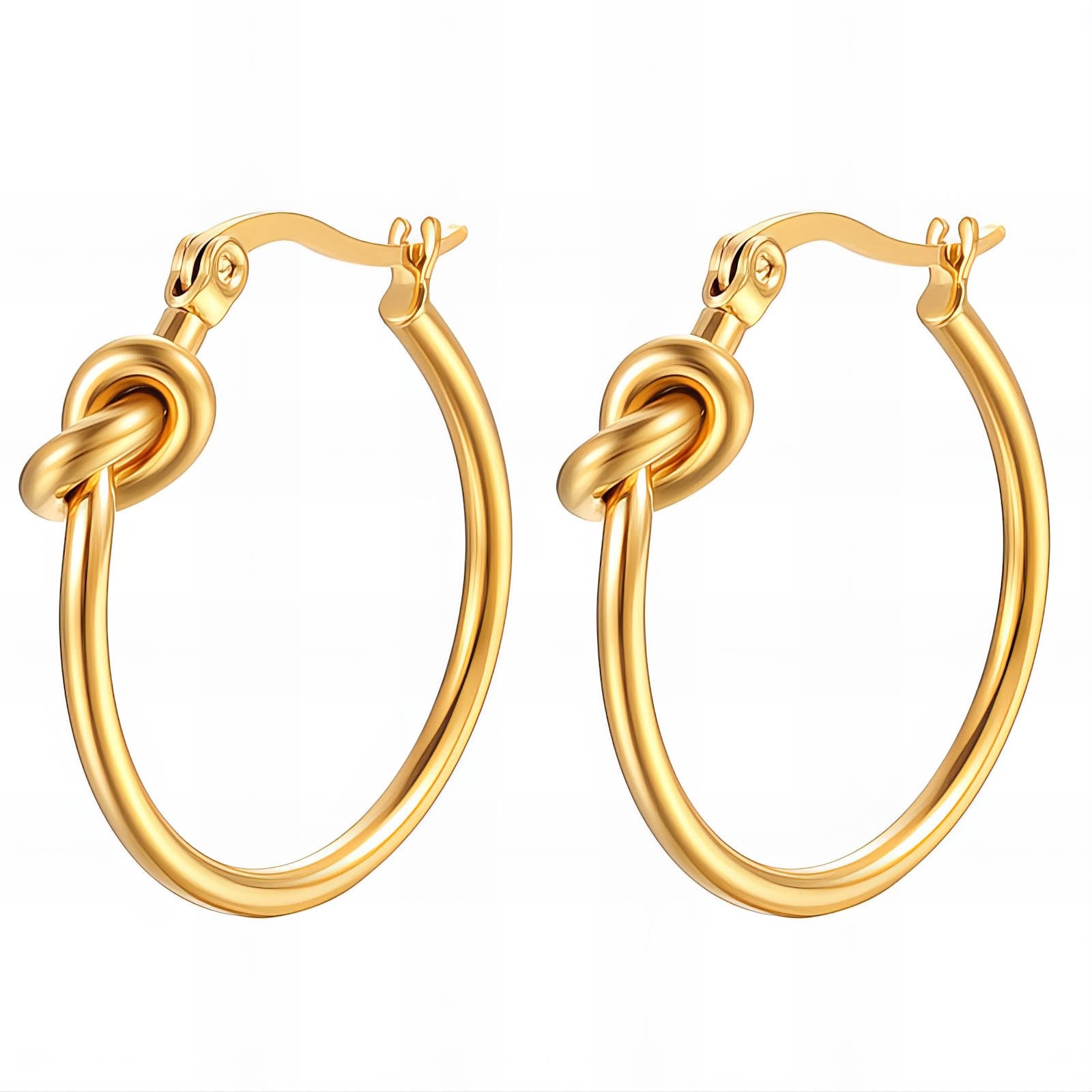 Gold hoop earrings featuring a polished infinity knot detail at the front.