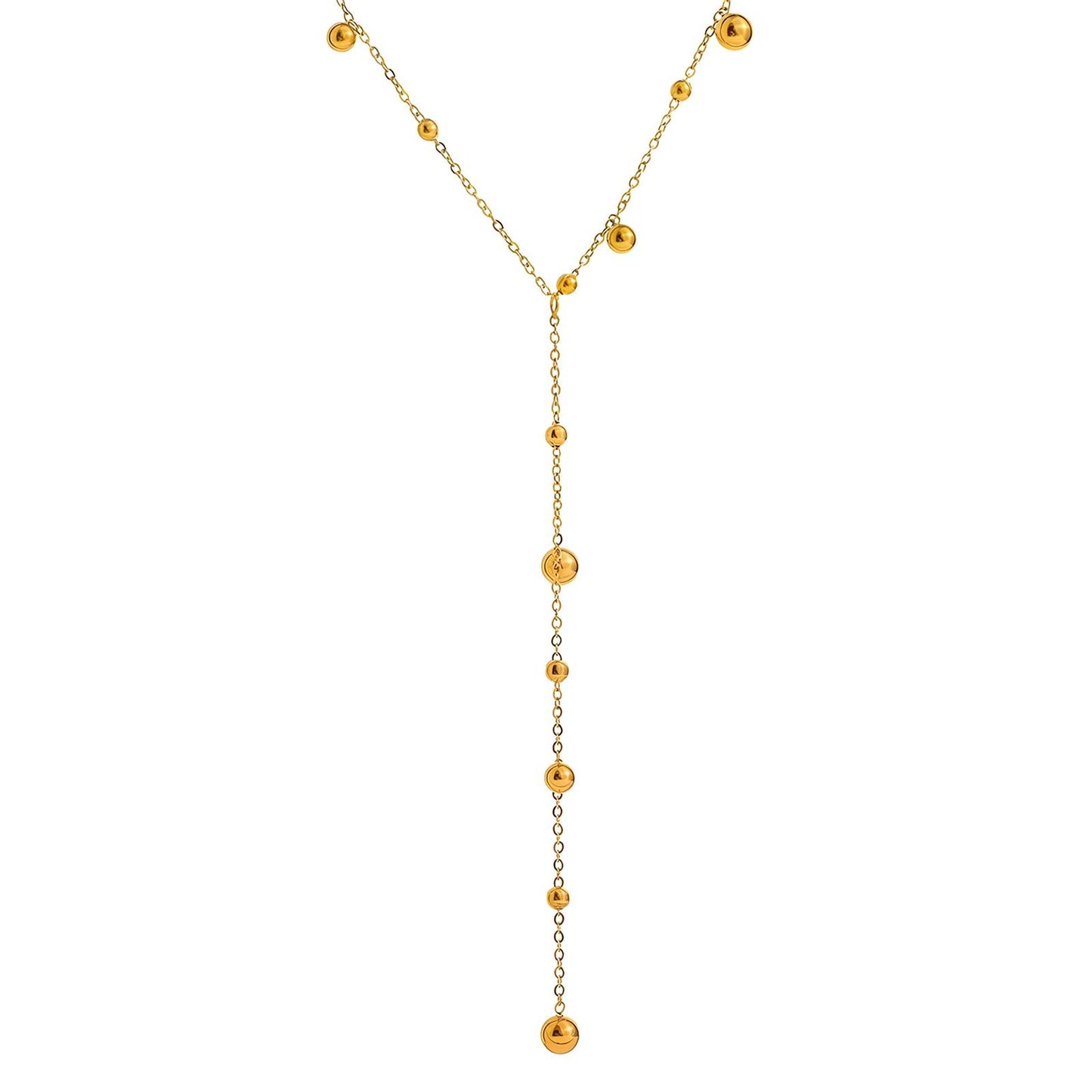 Gold-toned lariat necklace with delicate bead accents and a slim Y-shaped drop design.