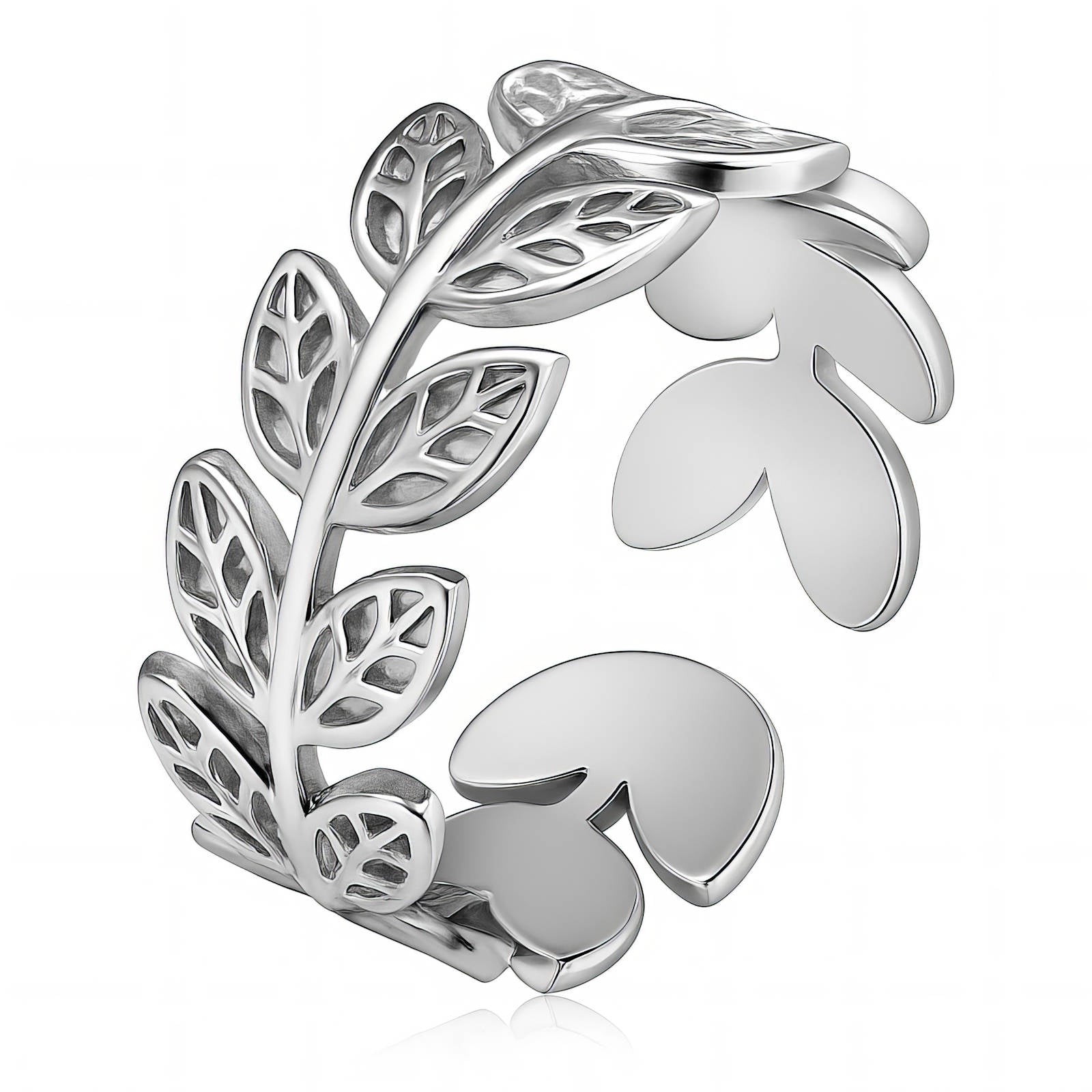 Silver laurel leaf open ring with polished finish and sculpted detailing