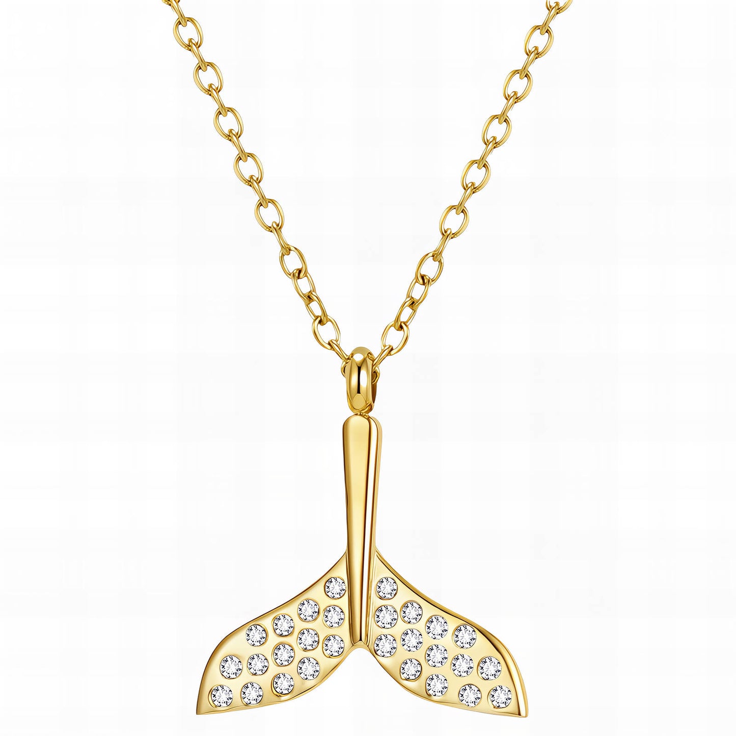 Gold Lorelai necklace with cubic zirconia mermaid tail pendant on a fine chain