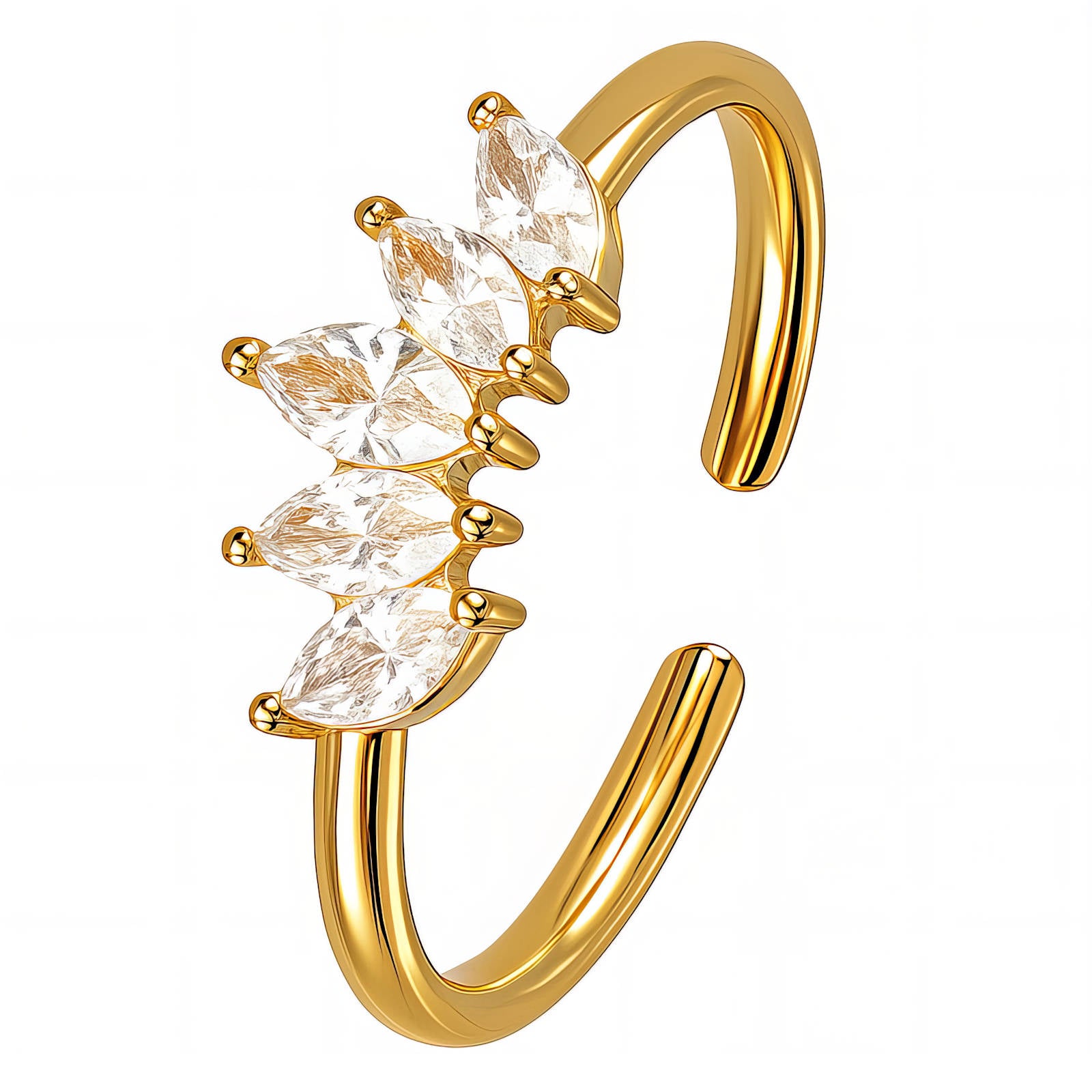 Gold open band ring with marquise-cut clear stones arranged in a sleek row
