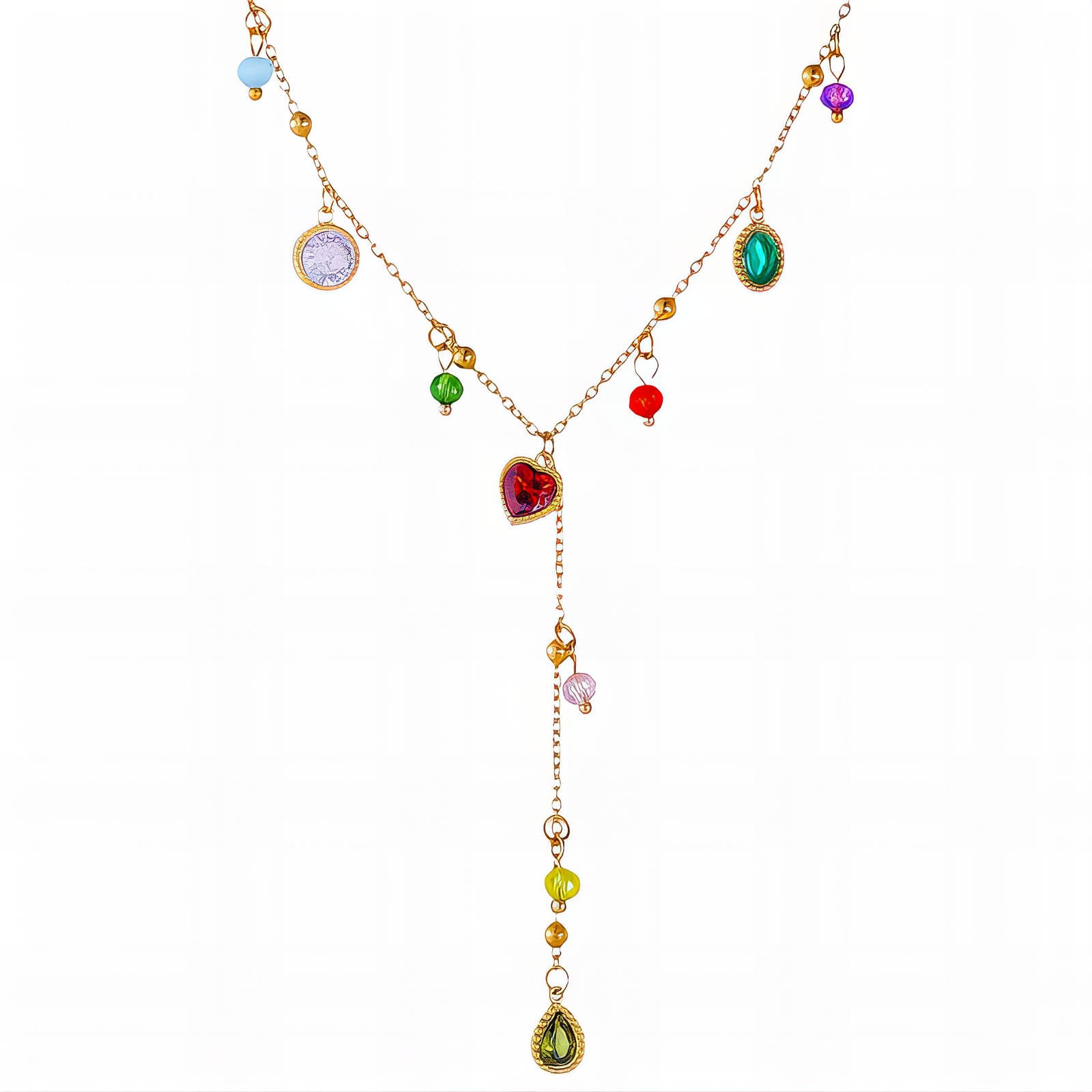 Gold charm necklace with colorful gemstone-inspired accents and a cascading drop detail
