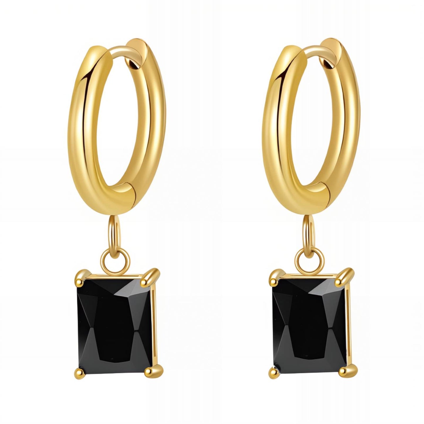 Gold hoop earrings with a black rectangular drop stone hanging from each hoop.