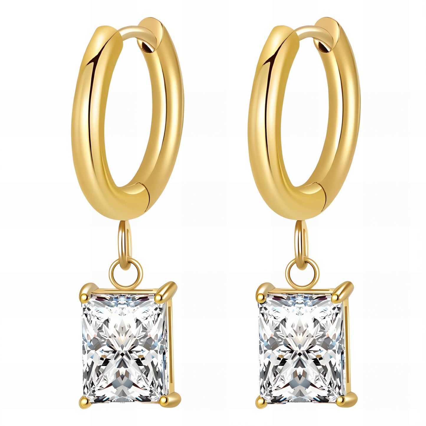 Gold hoop earrings featuring a square-cut cubic zirconia drop in a polished gold setting.