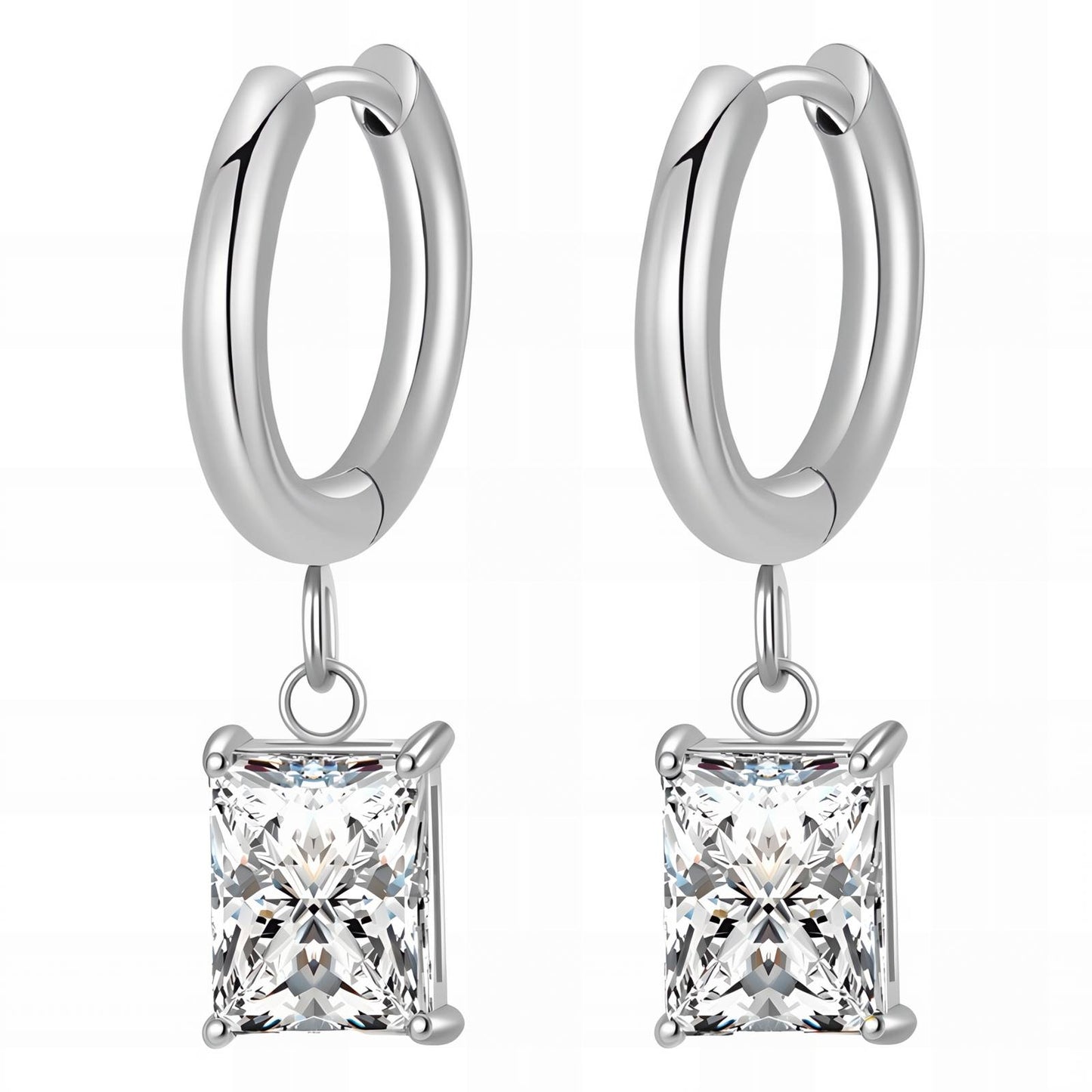 Silver hoop earrings with square-cut clear cubic zirconia drop charms.