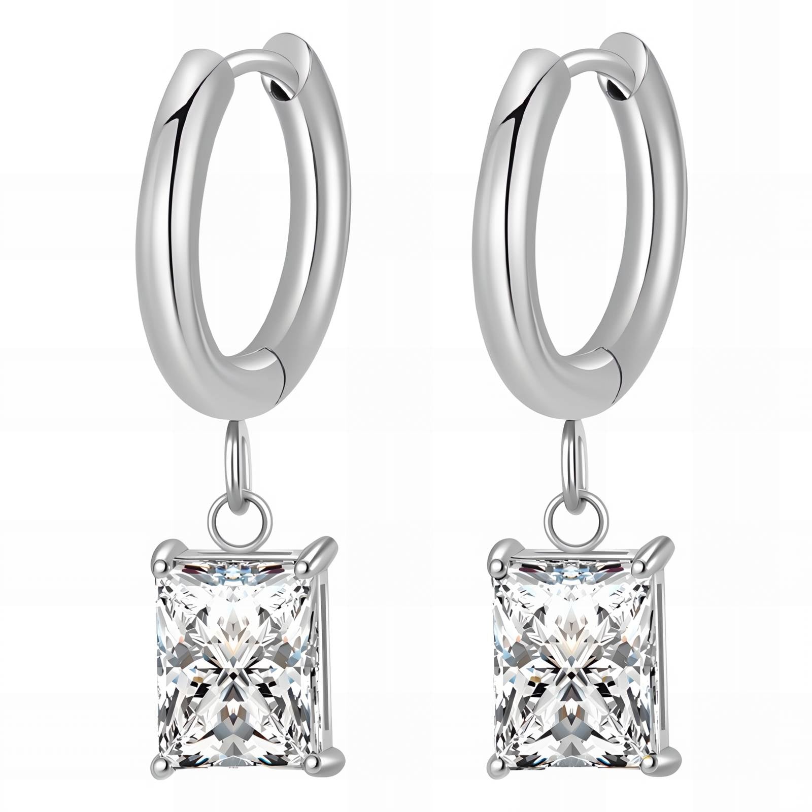Silver hoop earrings with square-cut clear cubic zirconia drop charms.