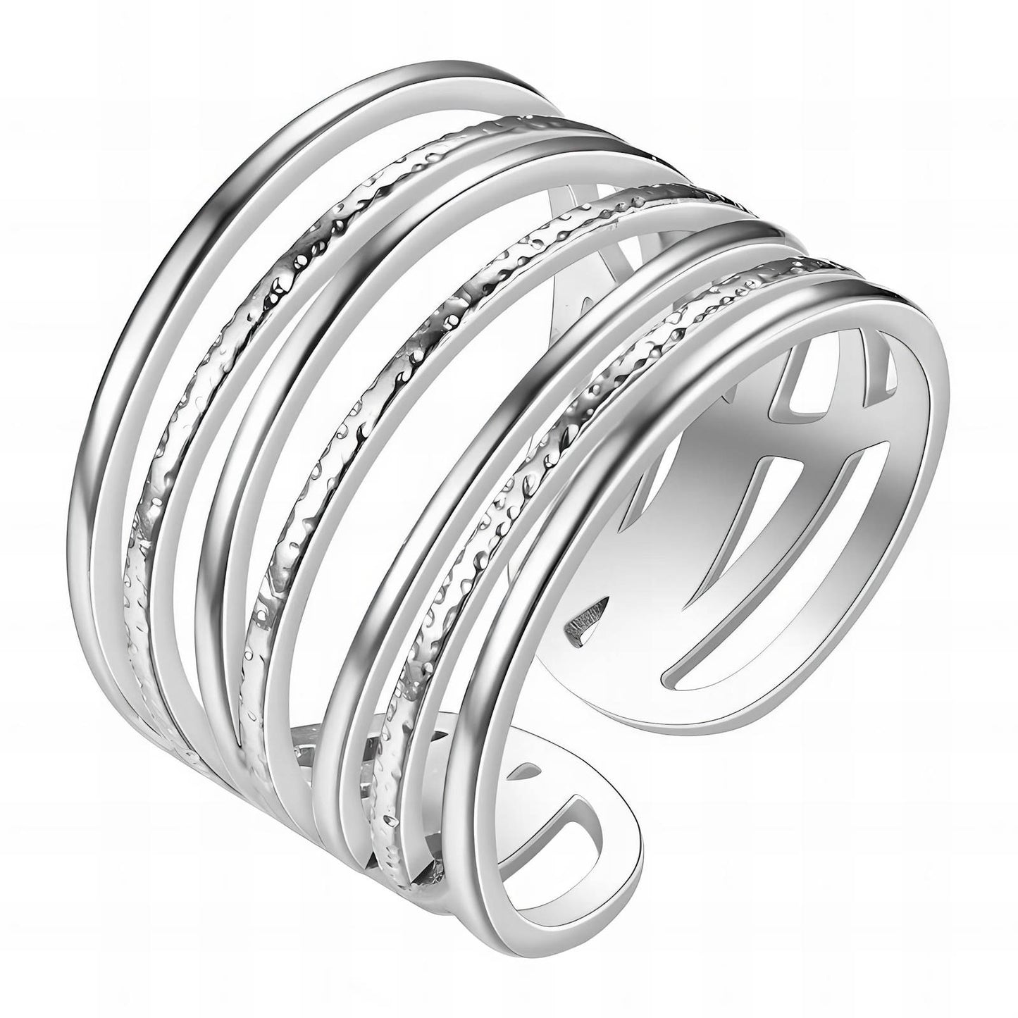 Silver stainless steel open-wrap ring with layered sculptural design