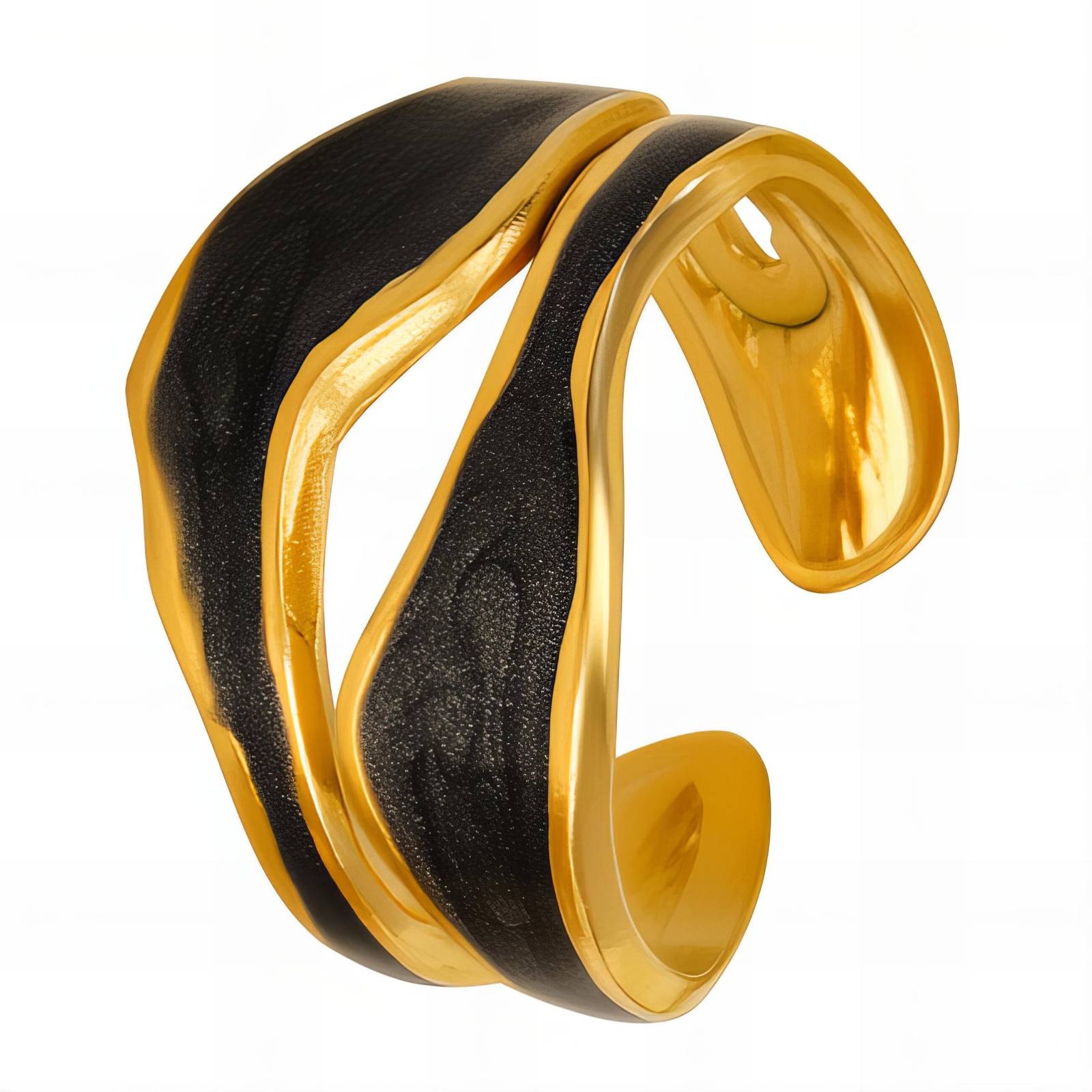 Gold-tone open ring with flowing wave design and black inlay detail